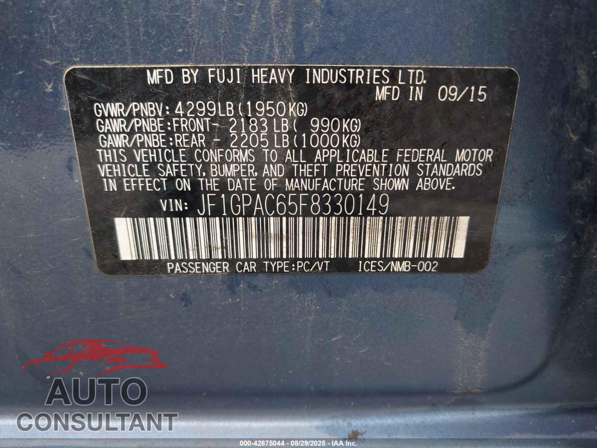 SUBARU IMPREZA 2015 - JF1GPAC65F8330149