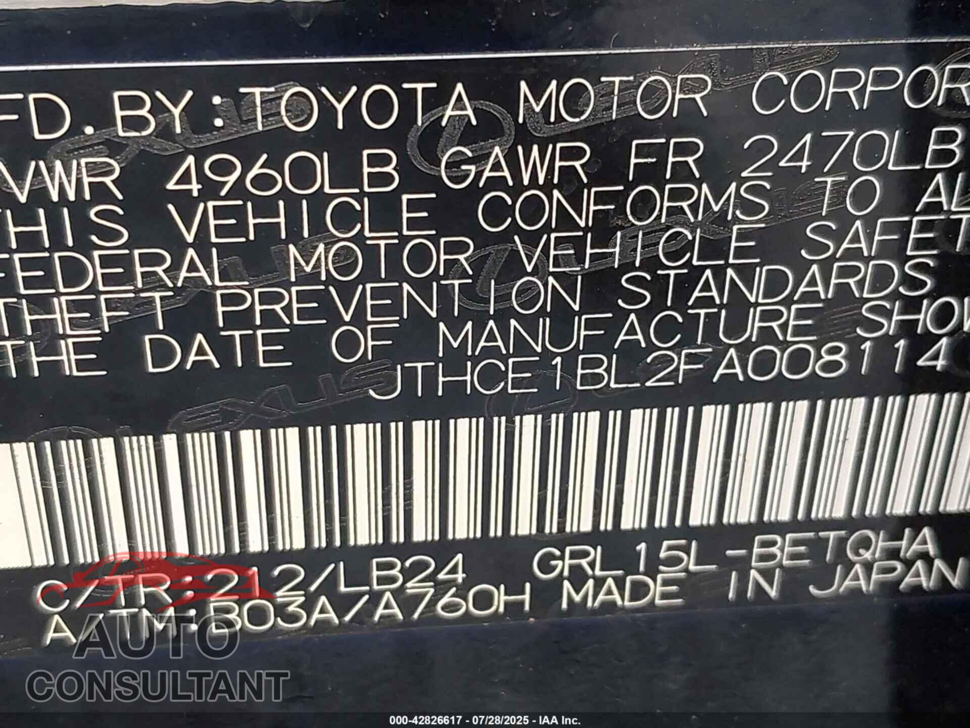 LEXUS GS 350 2015 - JTHCE1BL2FA008114