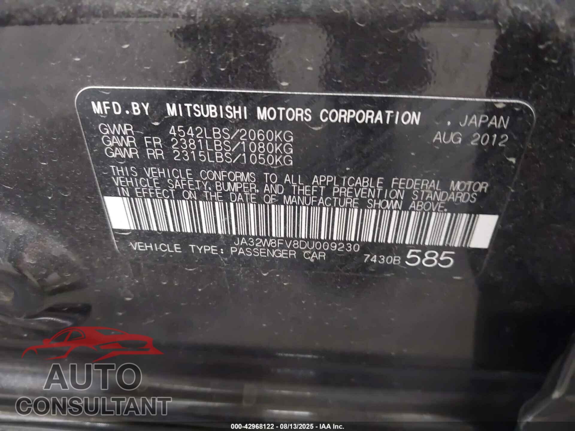 MITSUBISHI LANCER EVOLUTION 2013 - JA32W8FV8DU009230