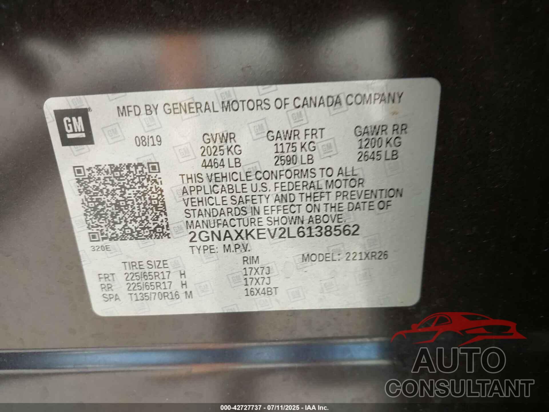CHEVROLET EQUINOX 2020 - 2GNAXKEV2L6138562