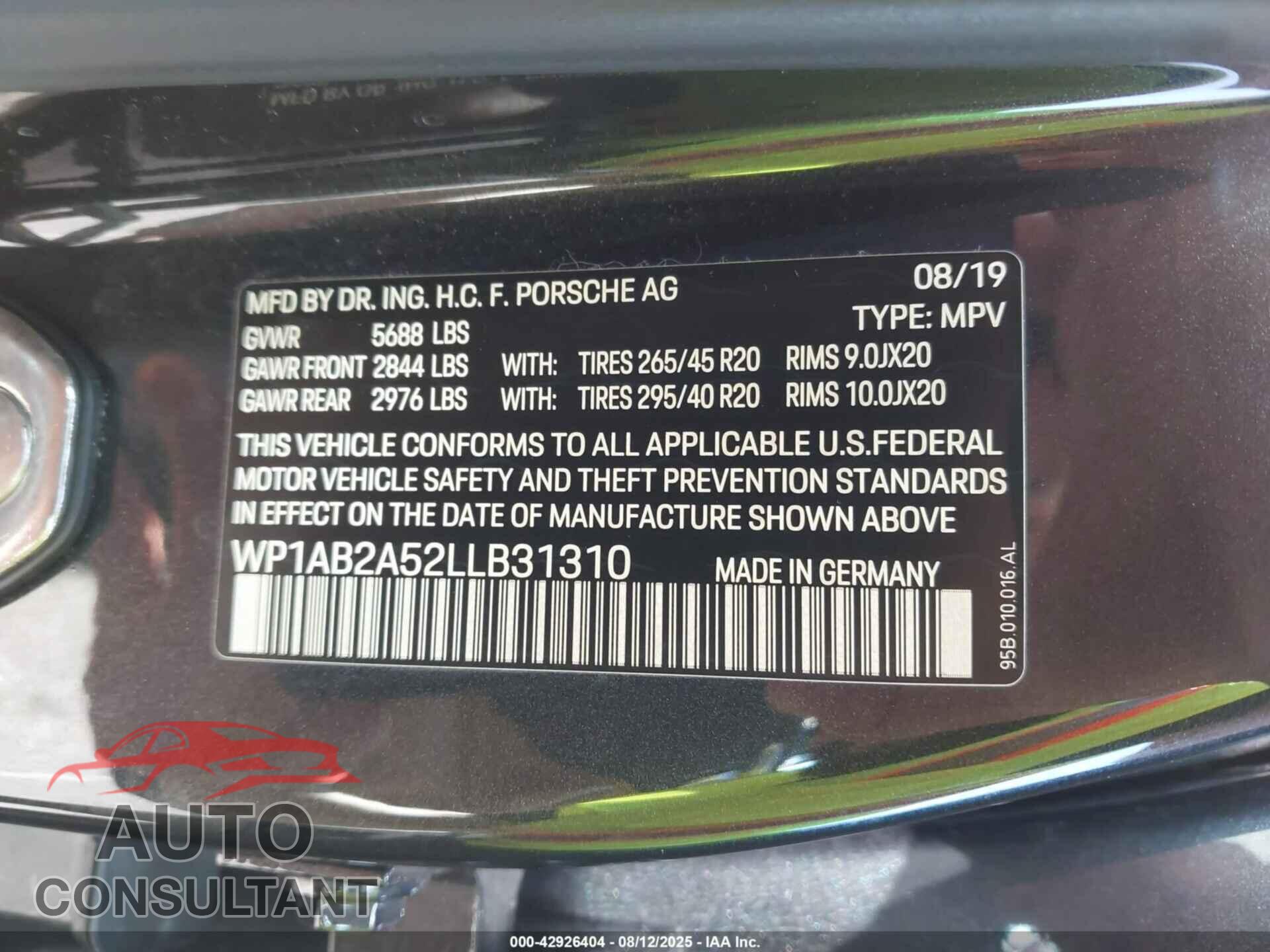 PORSCHE MACAN 2020 - WP1AB2A52LLB31310