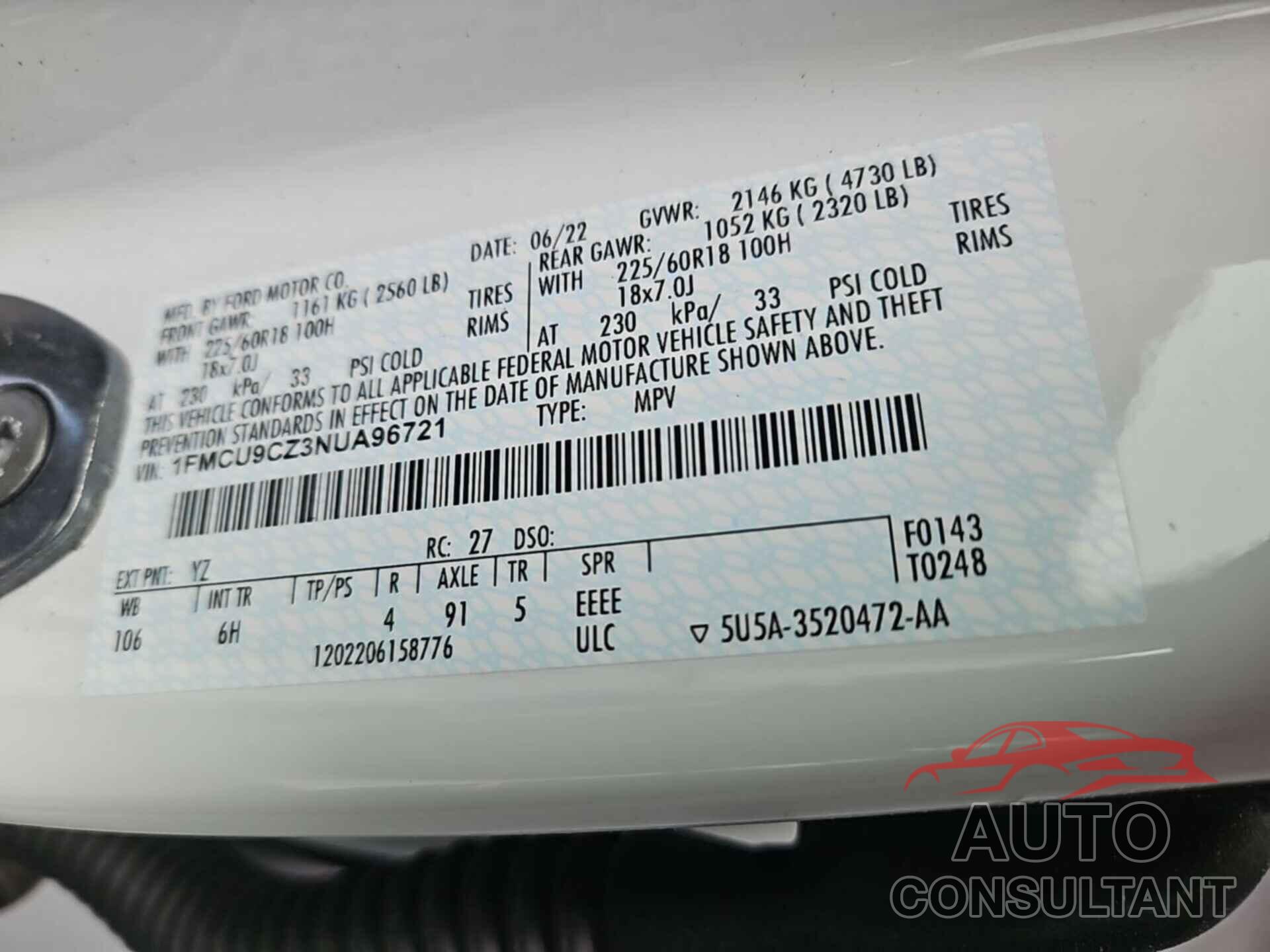 FORD ESCAPE 2022 - 1FMCU9CZ3NUA96721