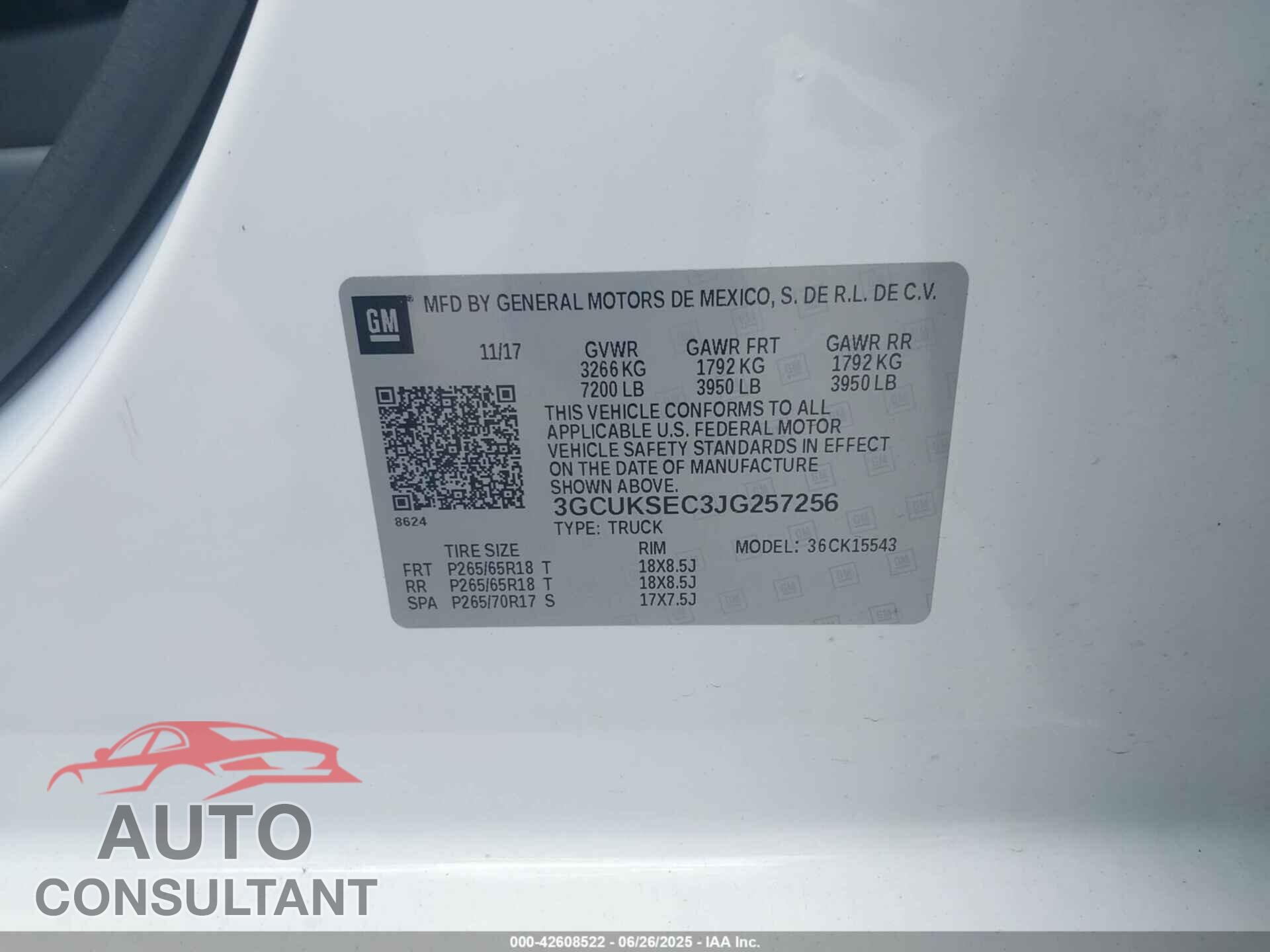 CHEVROLET SILVERADO 1500 2018 - 3GCUKSEC3JG257256