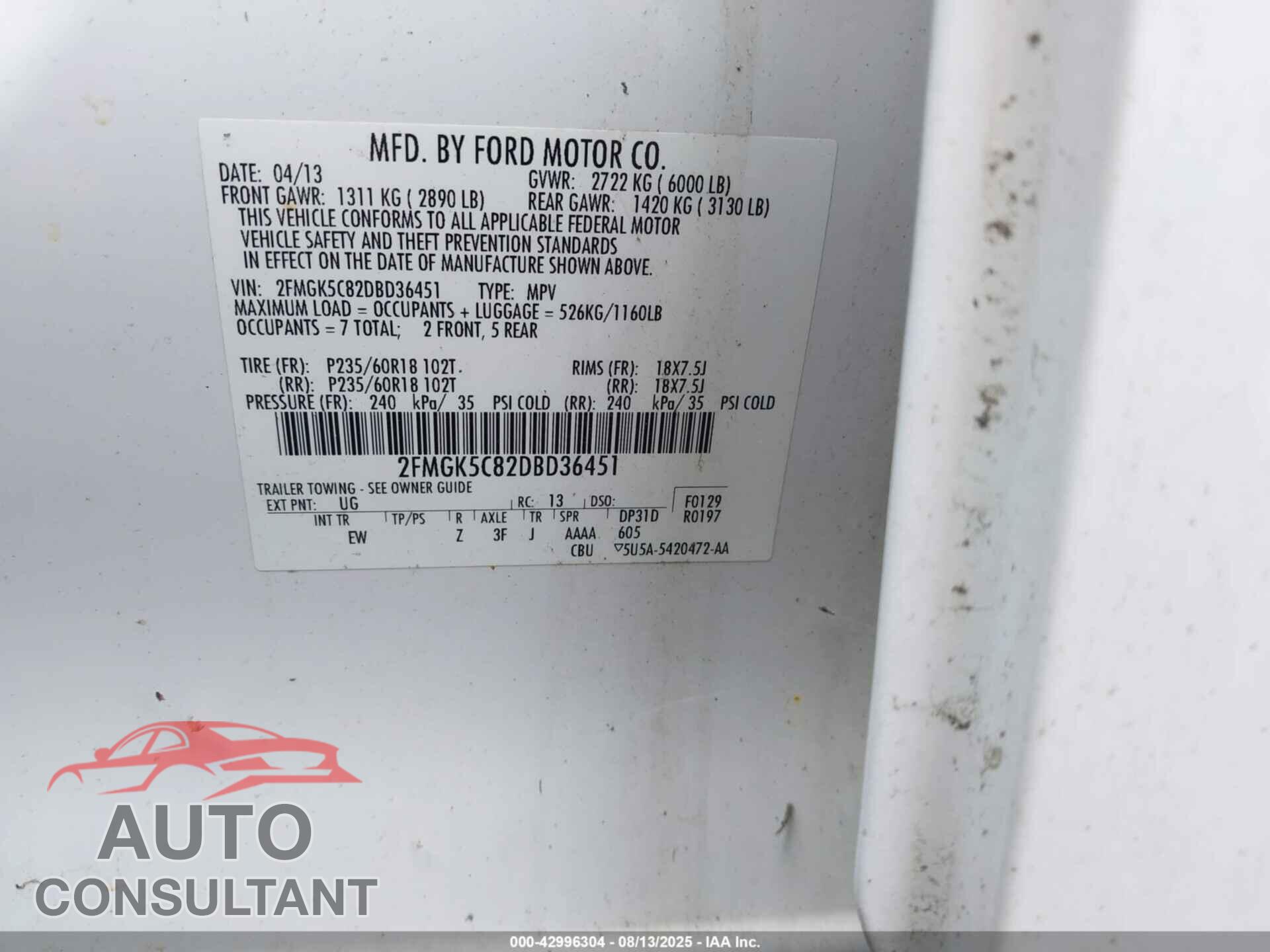 FORD FLEX 2013 - 2FMGK5C82DBD36451