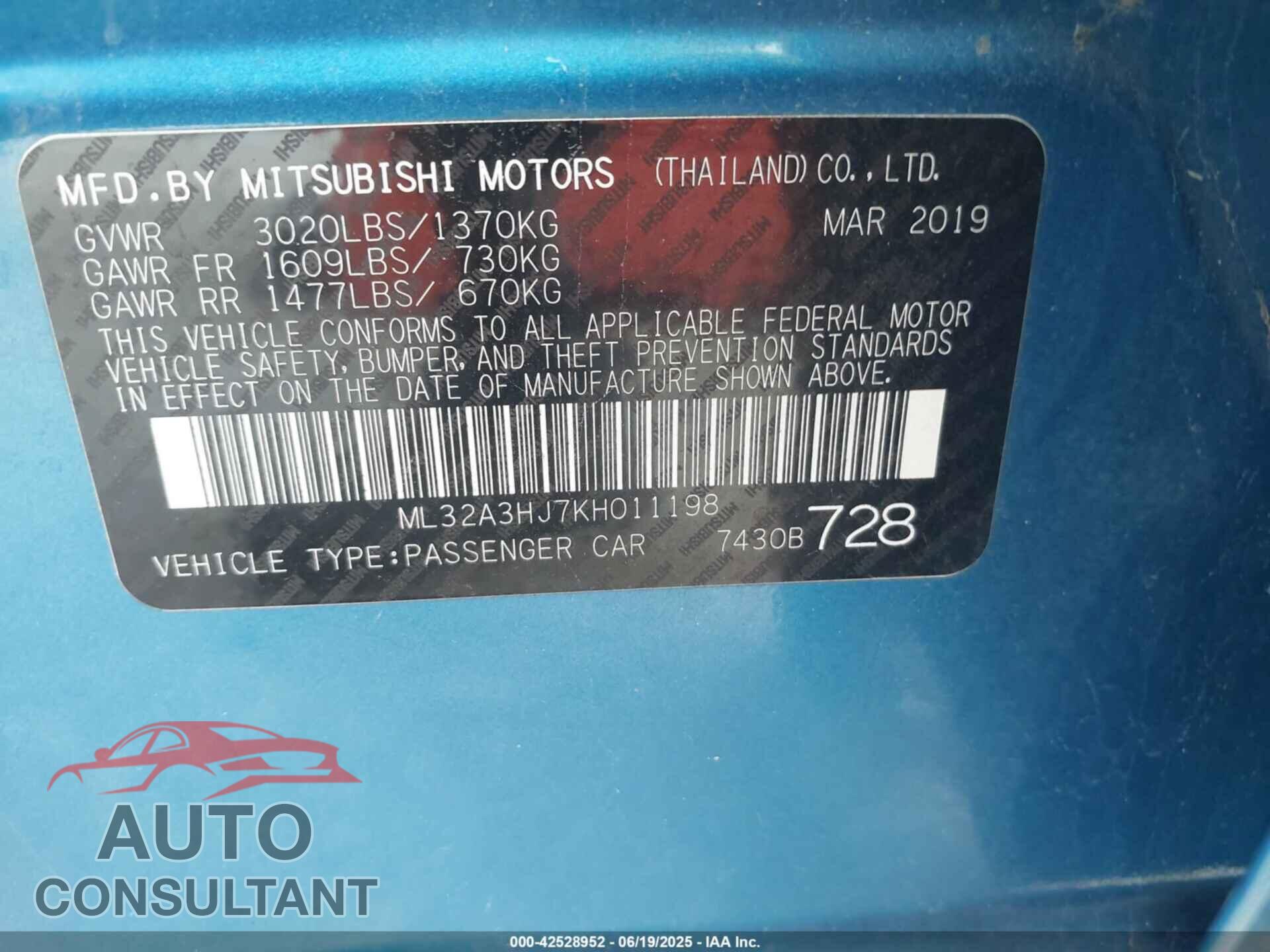 MITSUBISHI MIRAGE 2019 - ML32A3HJ7KH011198