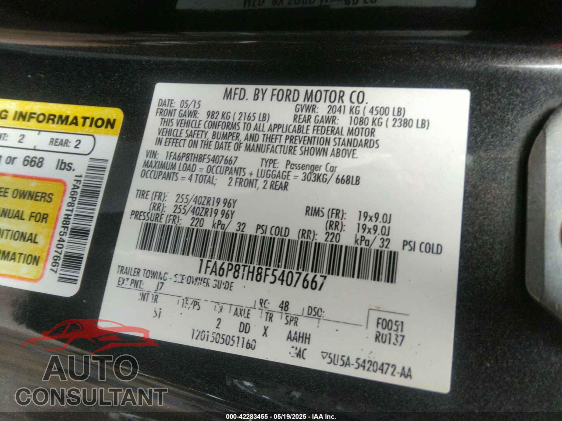 FORD MUSTANG 2015 - 1FA6P8TH8F5407667