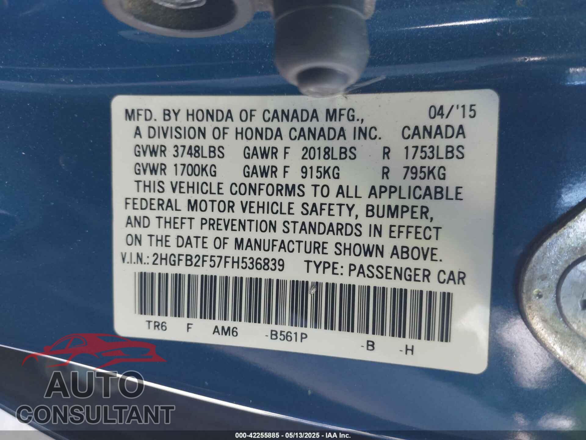 HONDA CIVIC 2015 - 2HGFB2F57FH536839