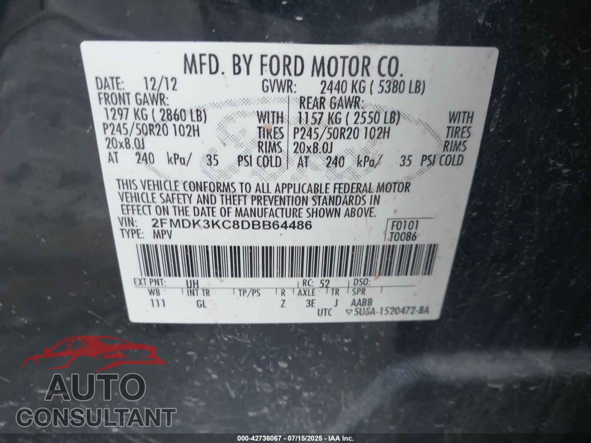 FORD EDGE 2013 - 2FMDK3KC8DBB64486