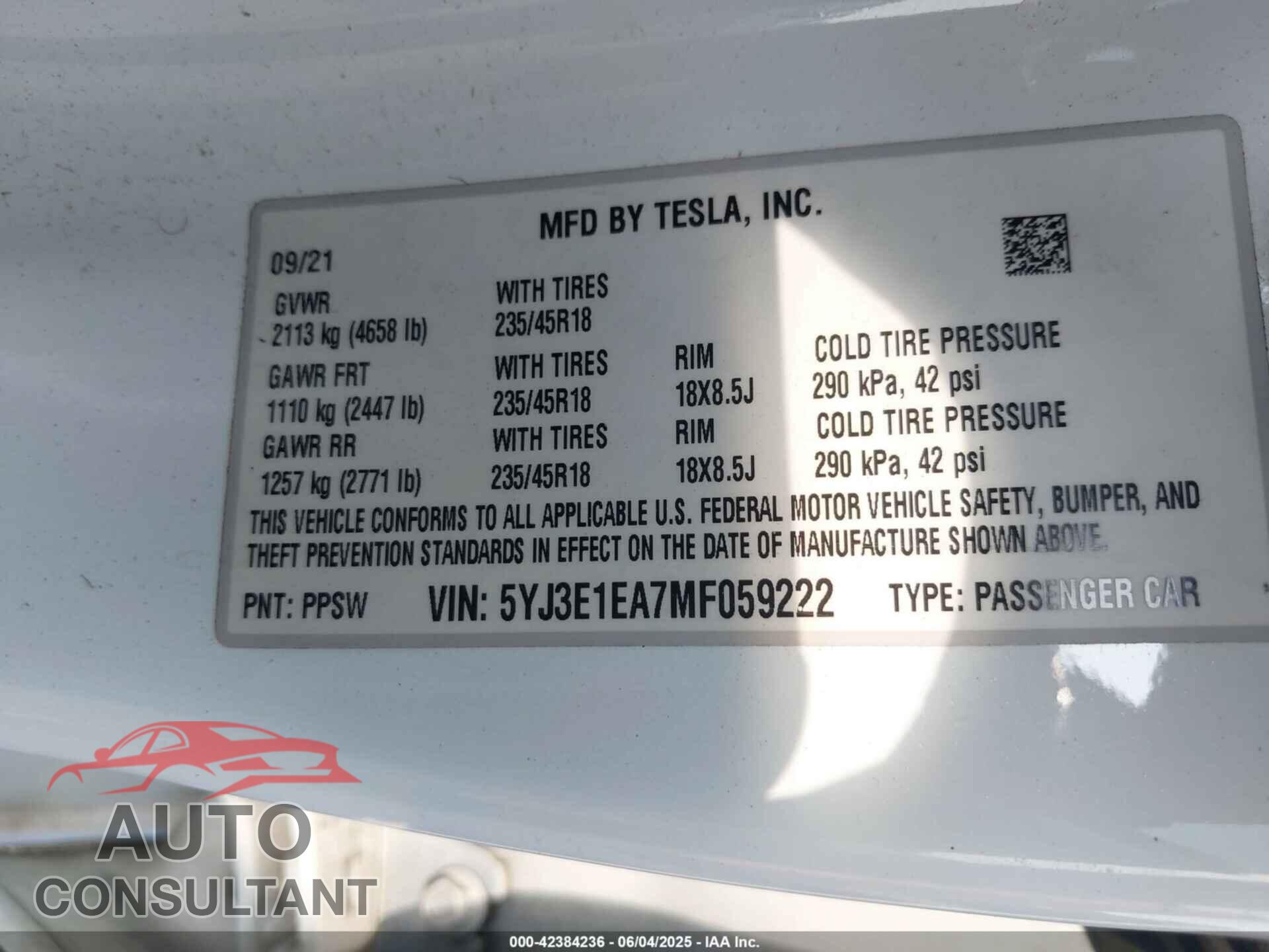 TESLA MODEL 3 2021 - 5YJ3E1EA7MF059222