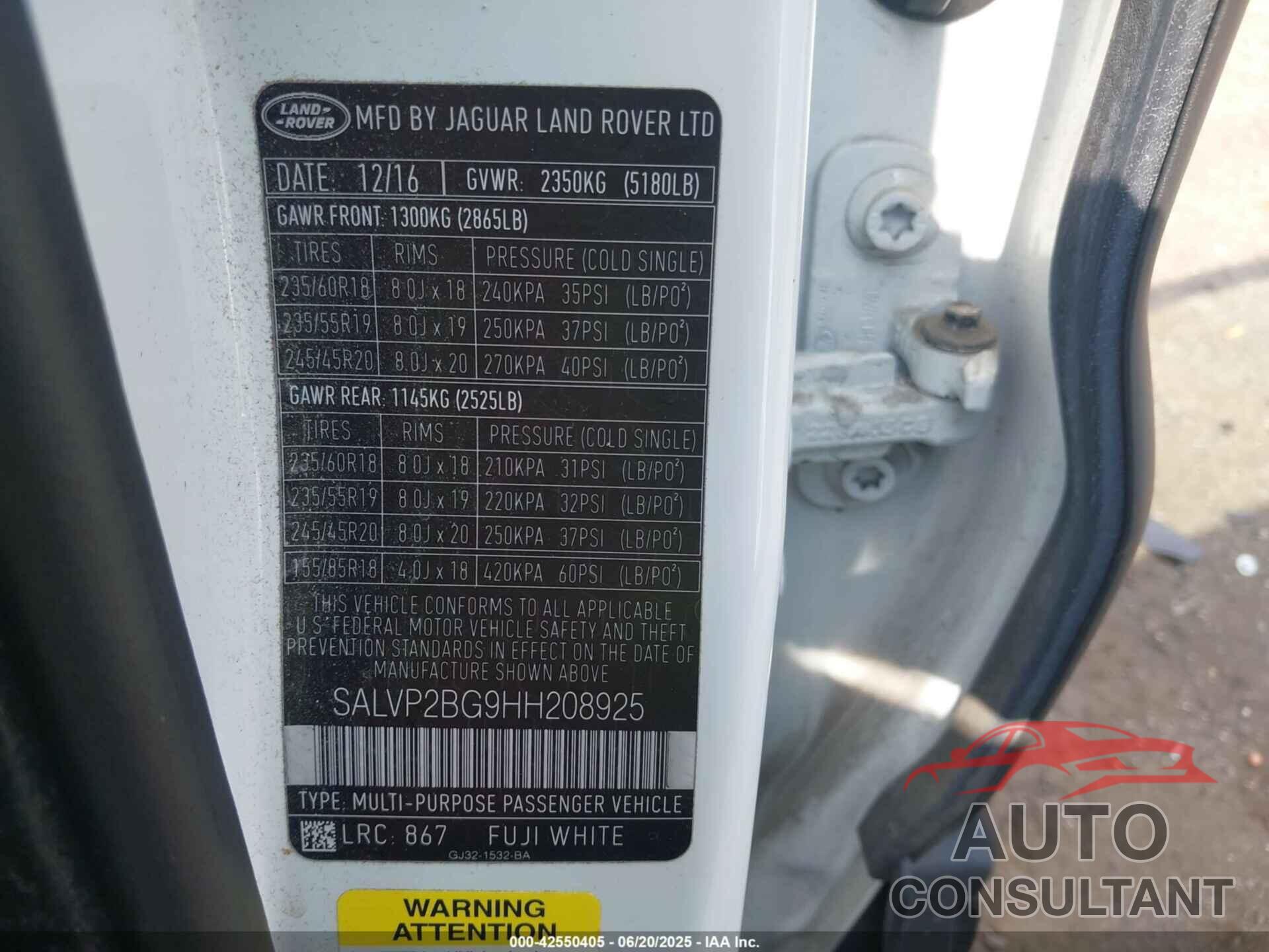 LAND ROVER RANGE ROVER EVOQUE 2017 - SALVP2BG9HH208925