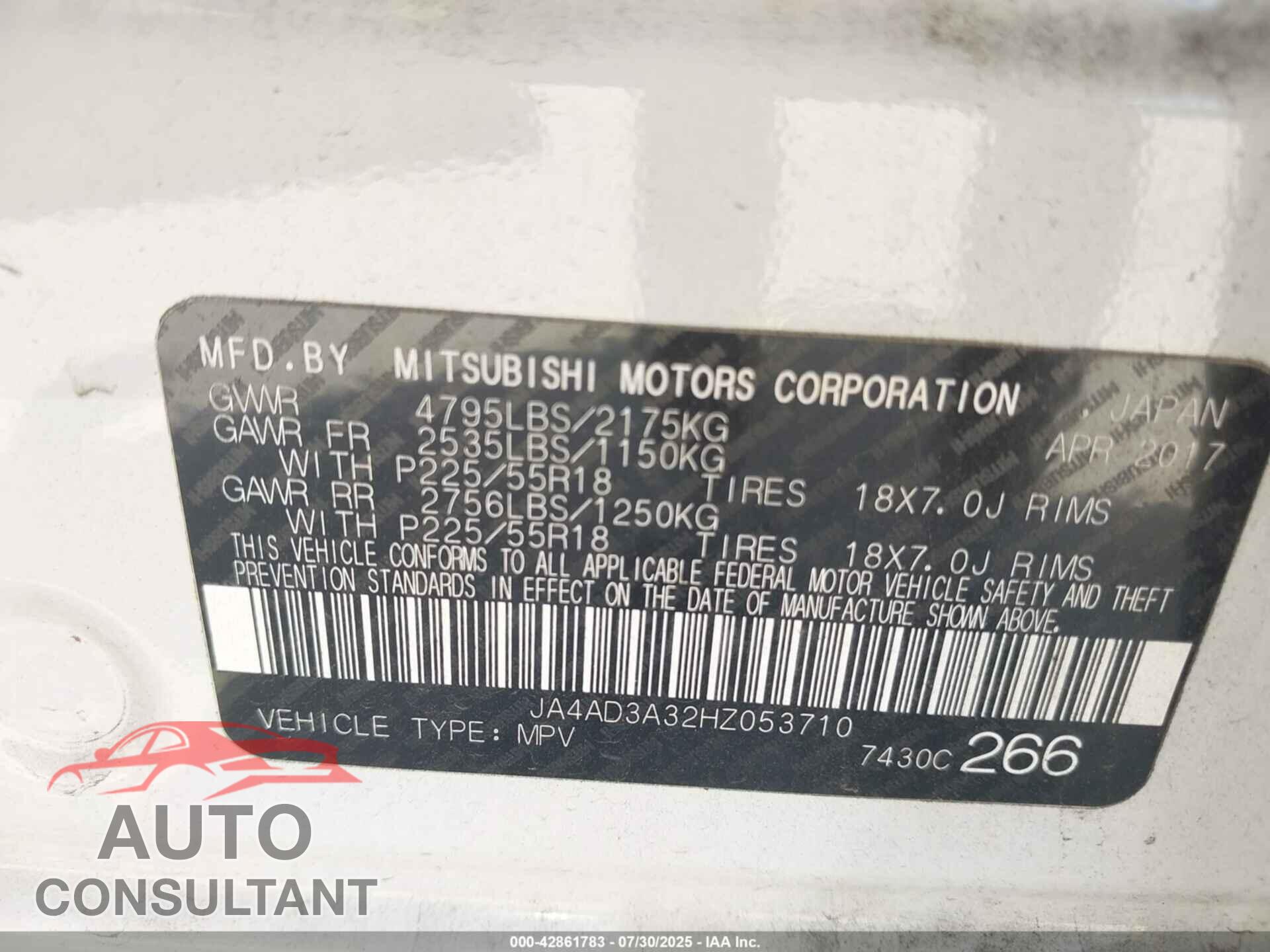 MITSUBISHI OUTLANDER 2017 - JA4AD3A32HZ053710