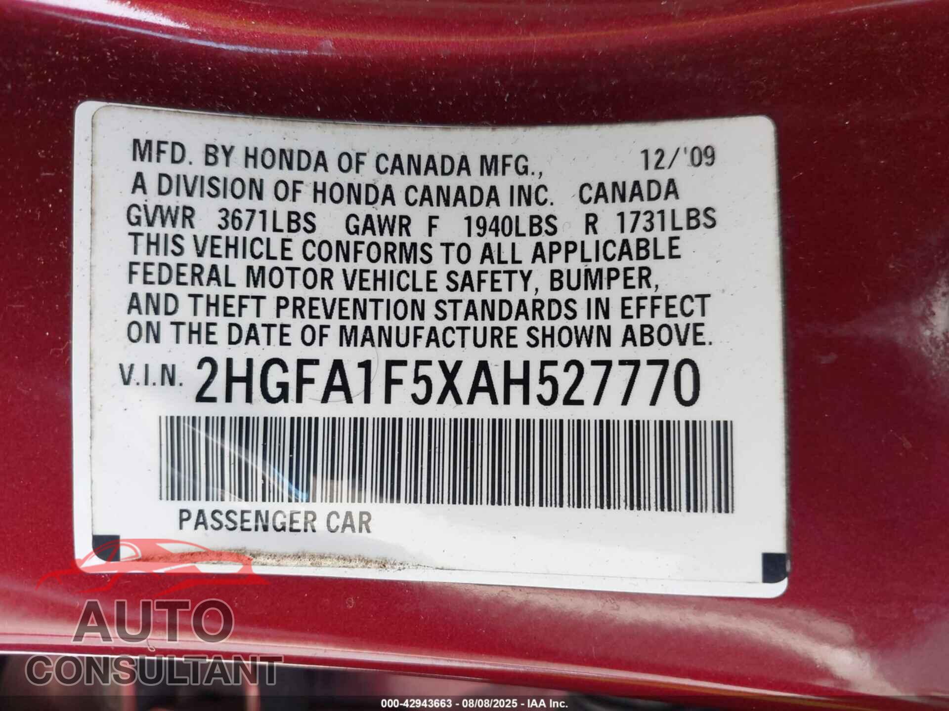 HONDA CIVIC 2010 - 2HGFA1F5XAH527770