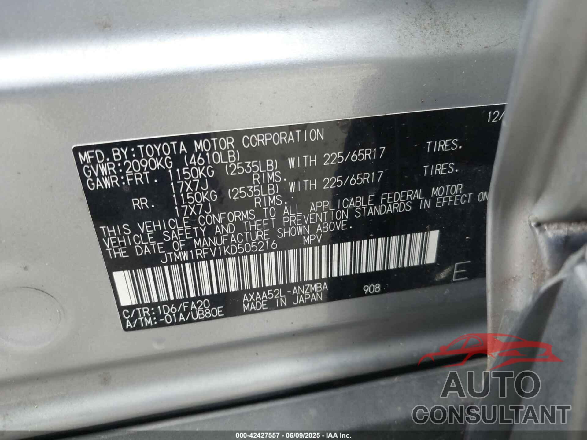 TOYOTA RAV4 2019 - JTMW1RFV1KD505216