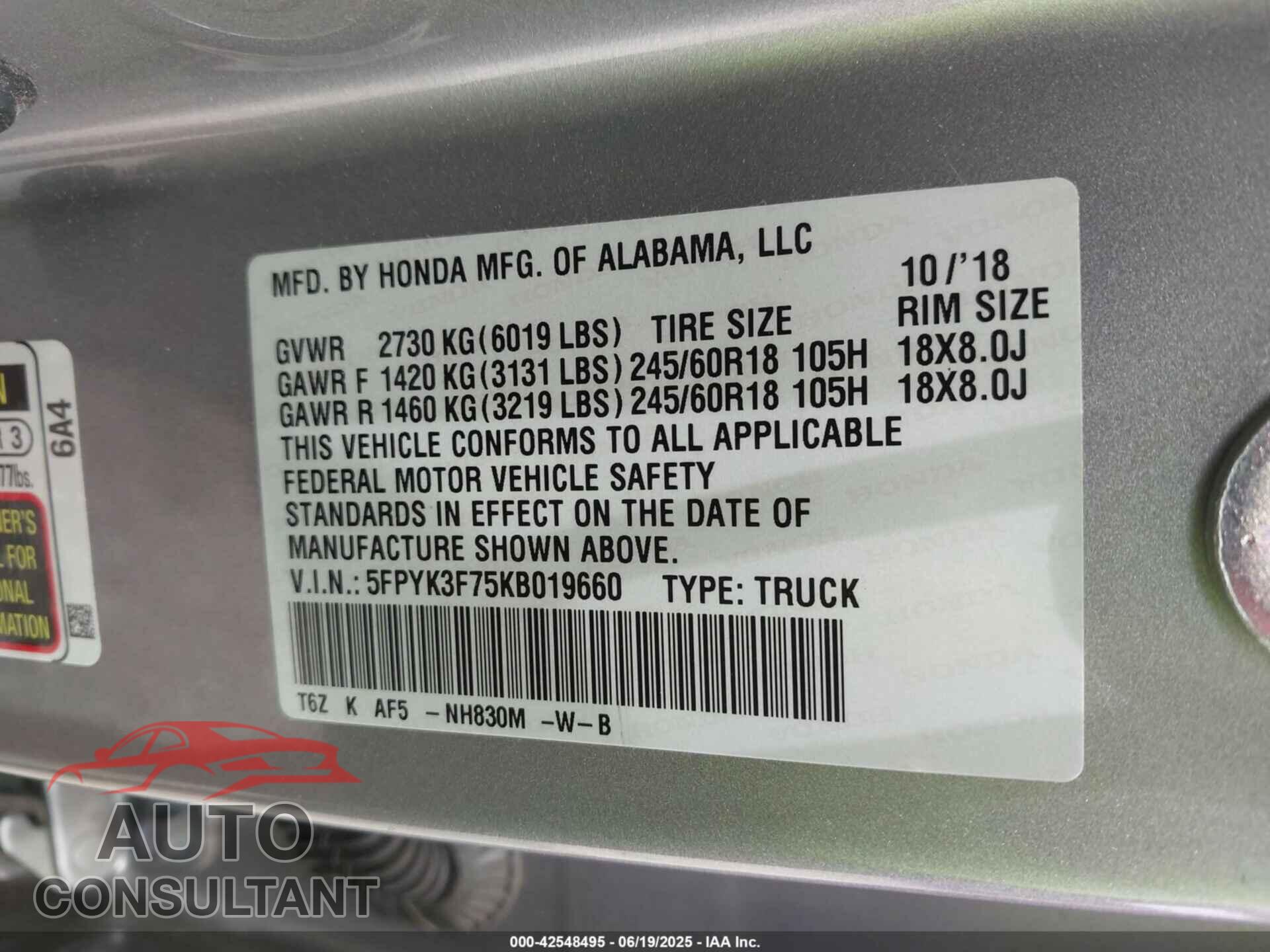 HONDA RIDGELINE 2019 - 5FPYK3F75KB019660