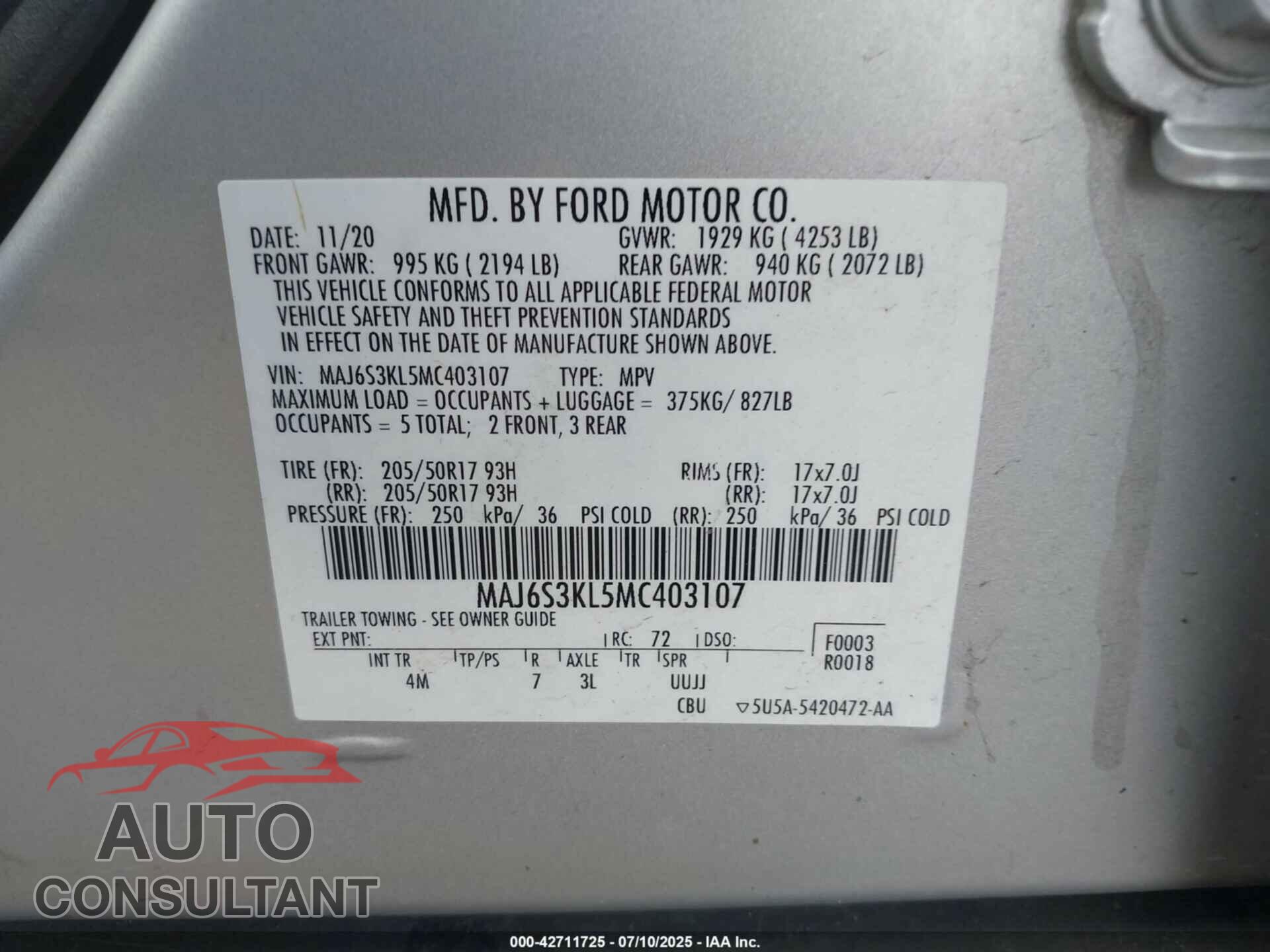 FORD ECOSPORT 2021 - MAJ6S3KL5MC403107