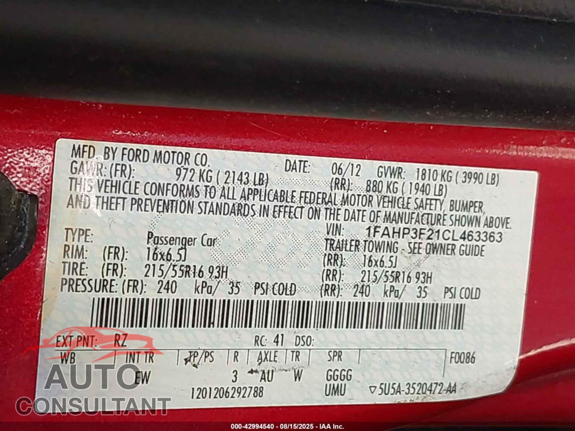 FORD FOCUS 2012 - 1FAHP3F21CL463363