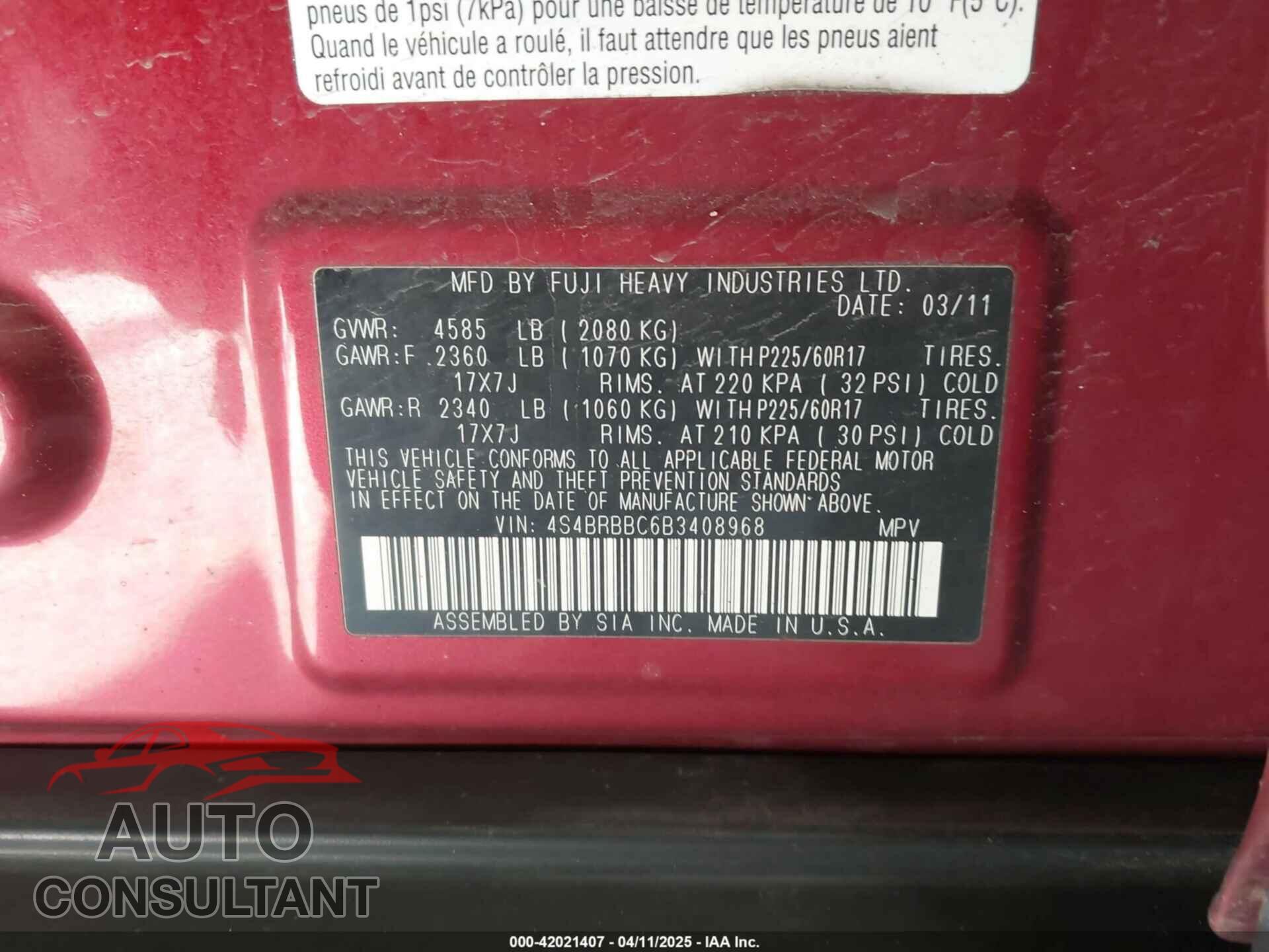 SUBARU OUTBACK 2011 - 4S4BRBBC6B3408968