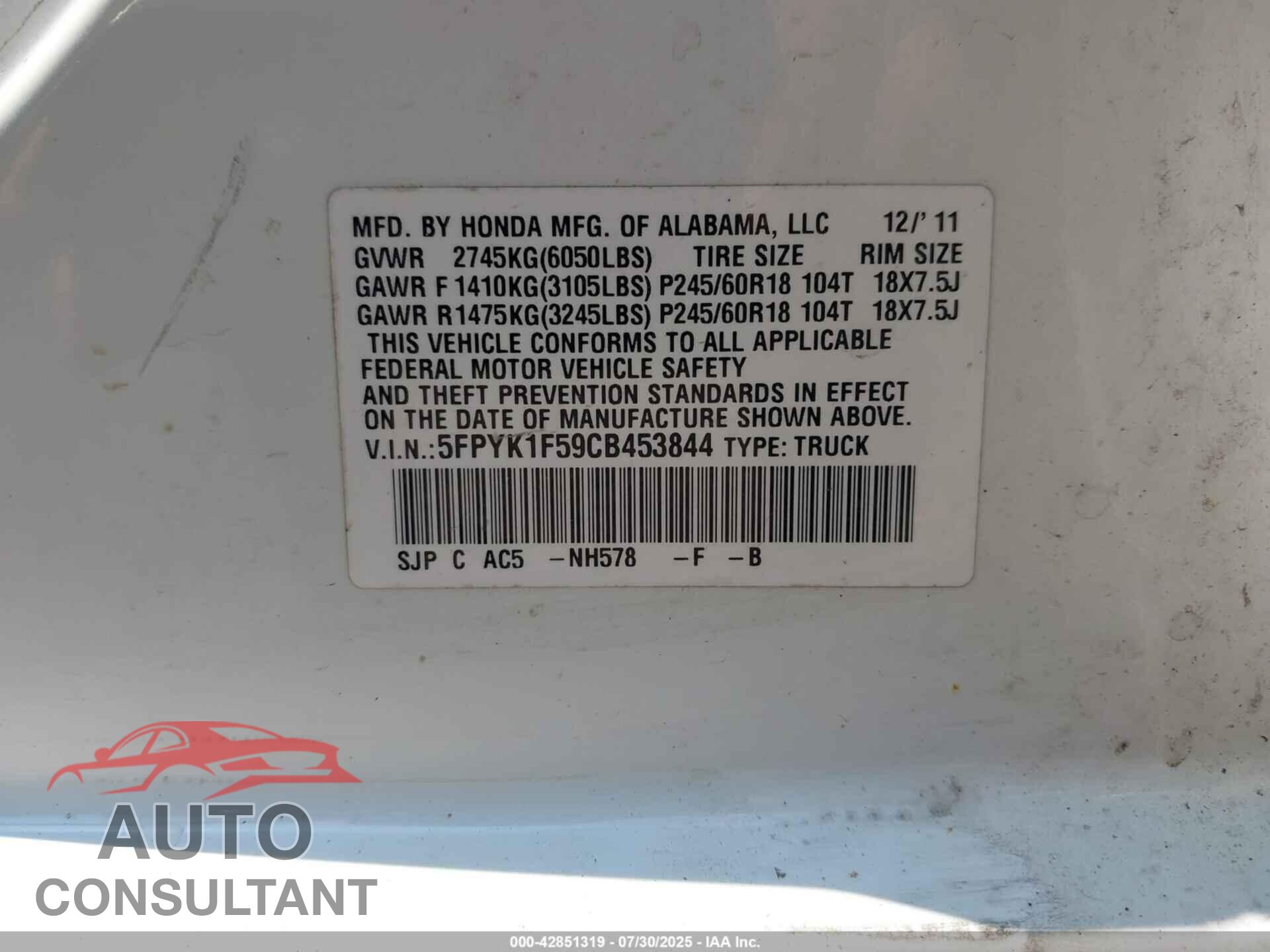 HONDA RIDGELINE 2012 - 5FPYK1F59CB453844