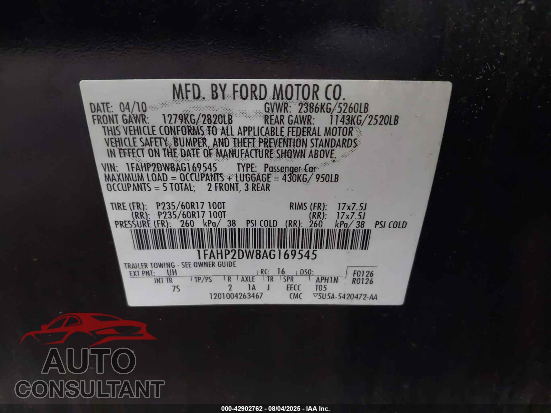 FORD TAURUS 2010 - 1FAHP2DW8AG169545