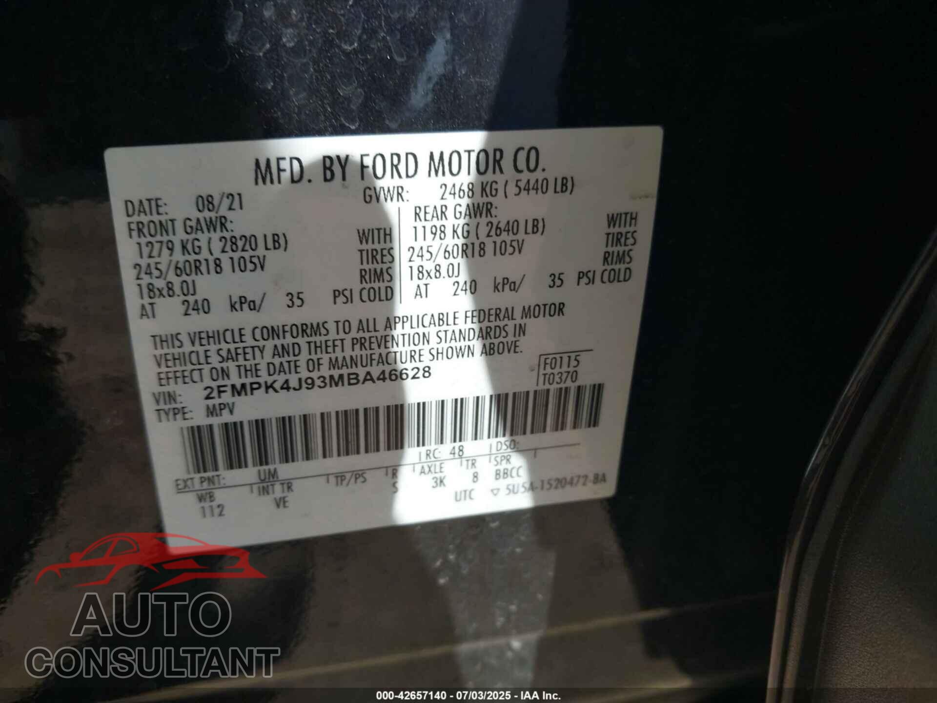 FORD EDGE 2021 - 2FMPK4J93MBA46628