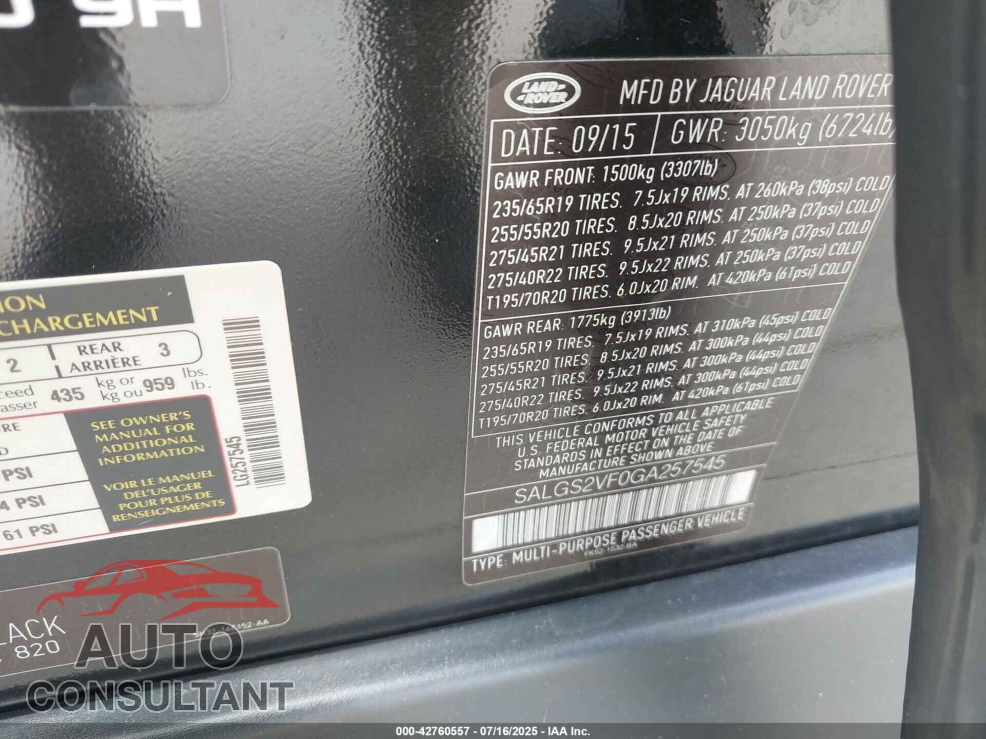 LAND ROVER RANGE ROVER 2016 - SALGS2VF0GA257545