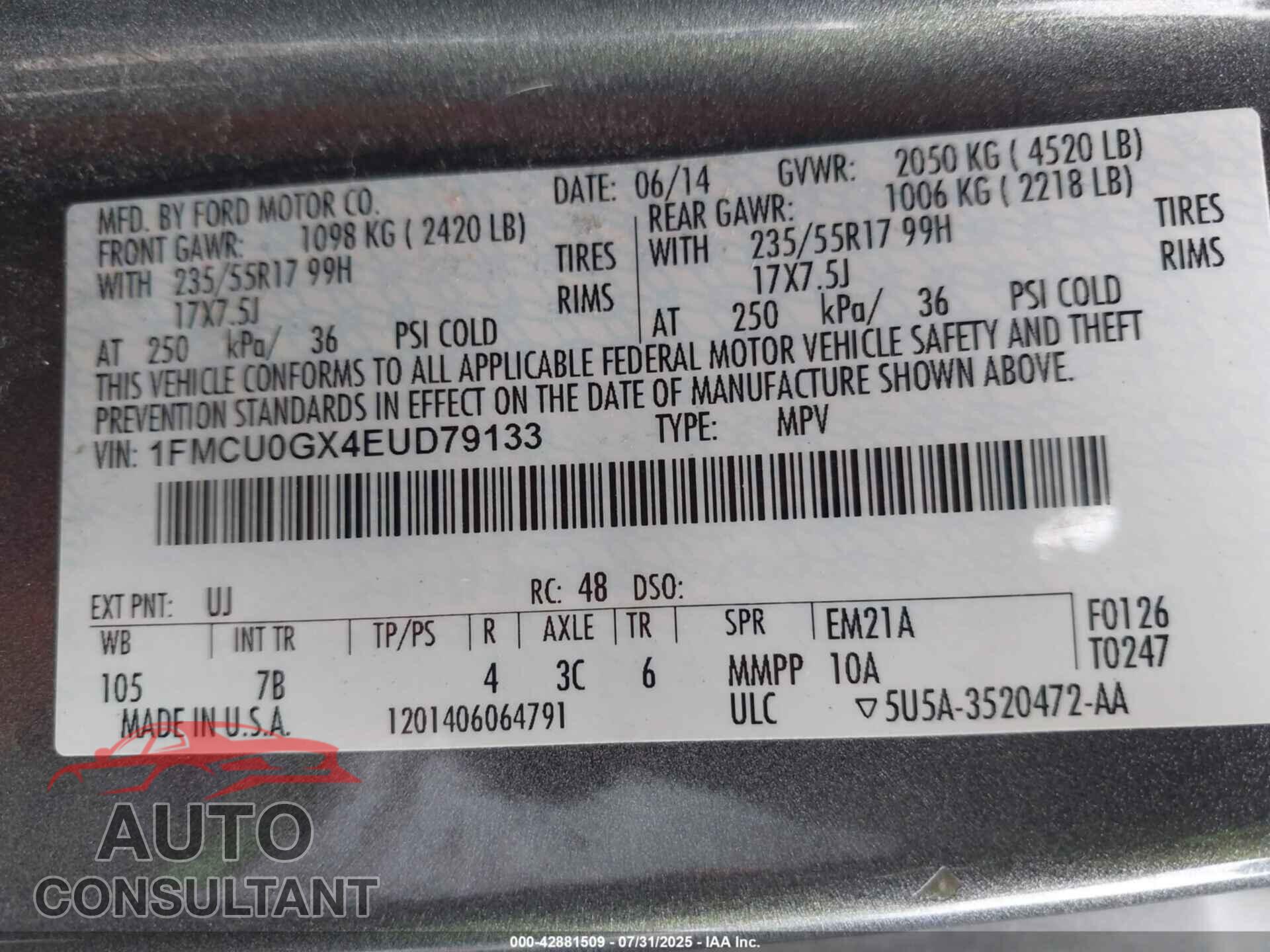 FORD ESCAPE 2014 - 1FMCU0GX4EUD79133