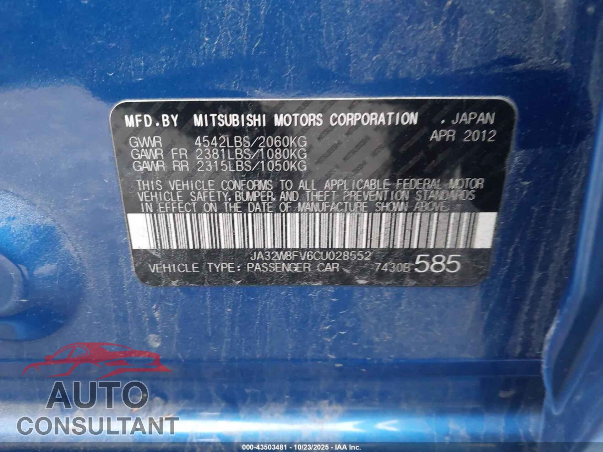 MITSUBISHI LANCER EVOLUTION 2012 - JA32W8FV6CU028552