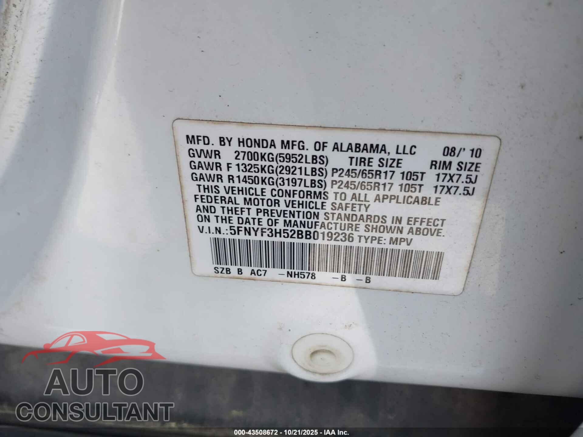 HONDA PILOT 2011 - 5FNYF3H52BB019236
