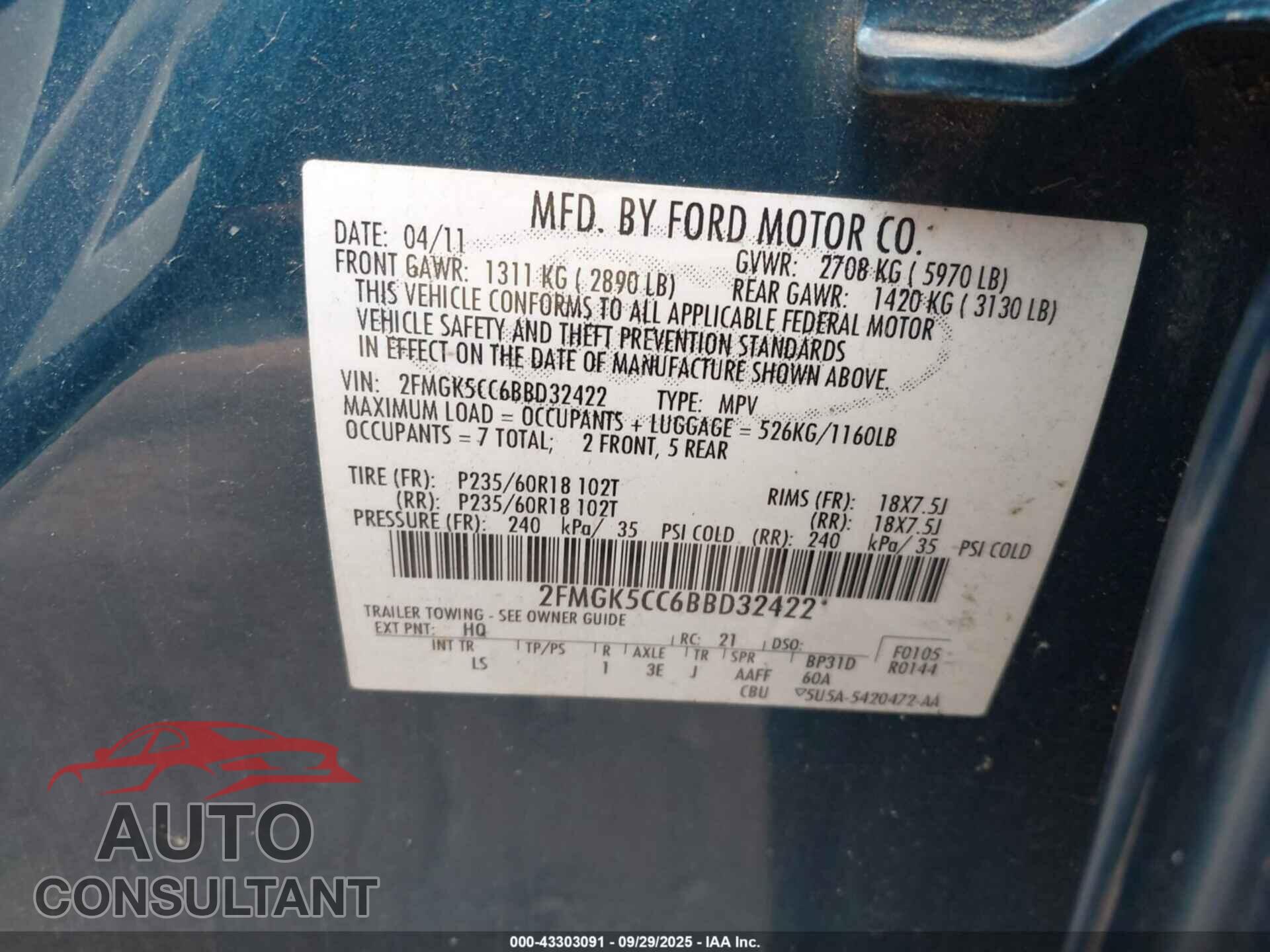 FORD FLEX 2011 - 2FMGK5CC6BBD32422