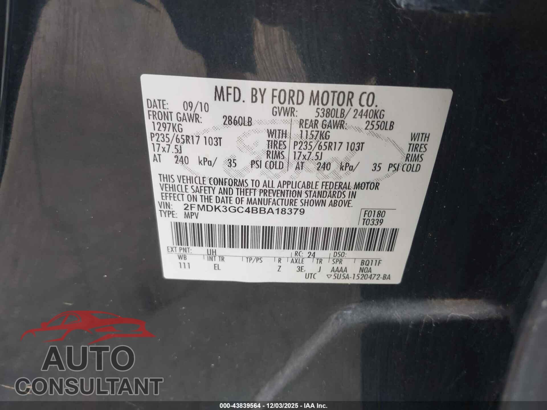 FORD EDGE 2011 - 2FMDK3GC4BBA18379