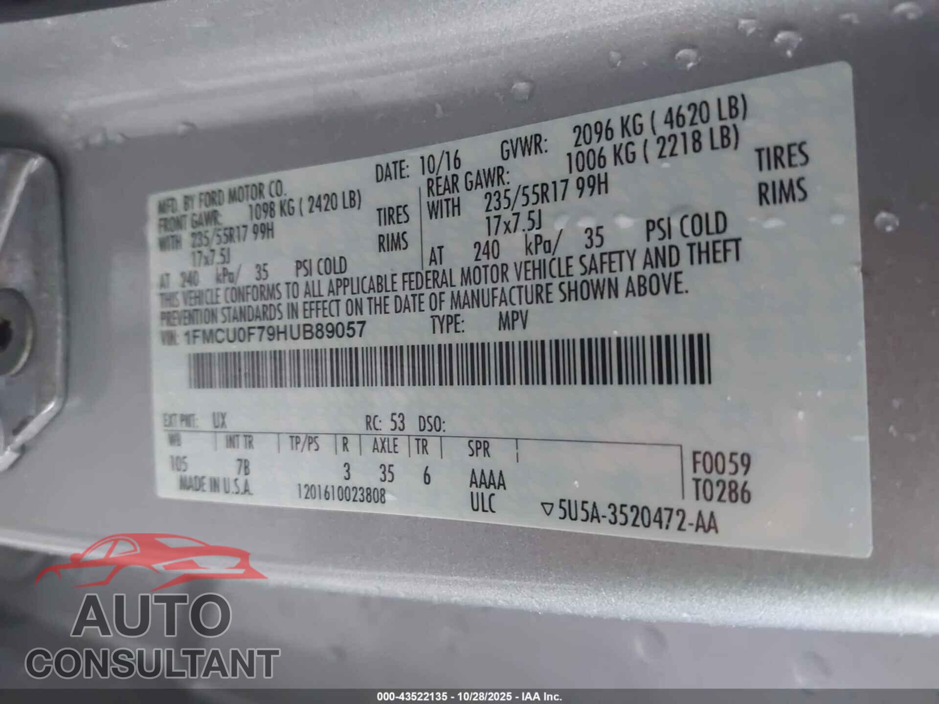 FORD ESCAPE 2017 - 1FMCU0F79HUB89057