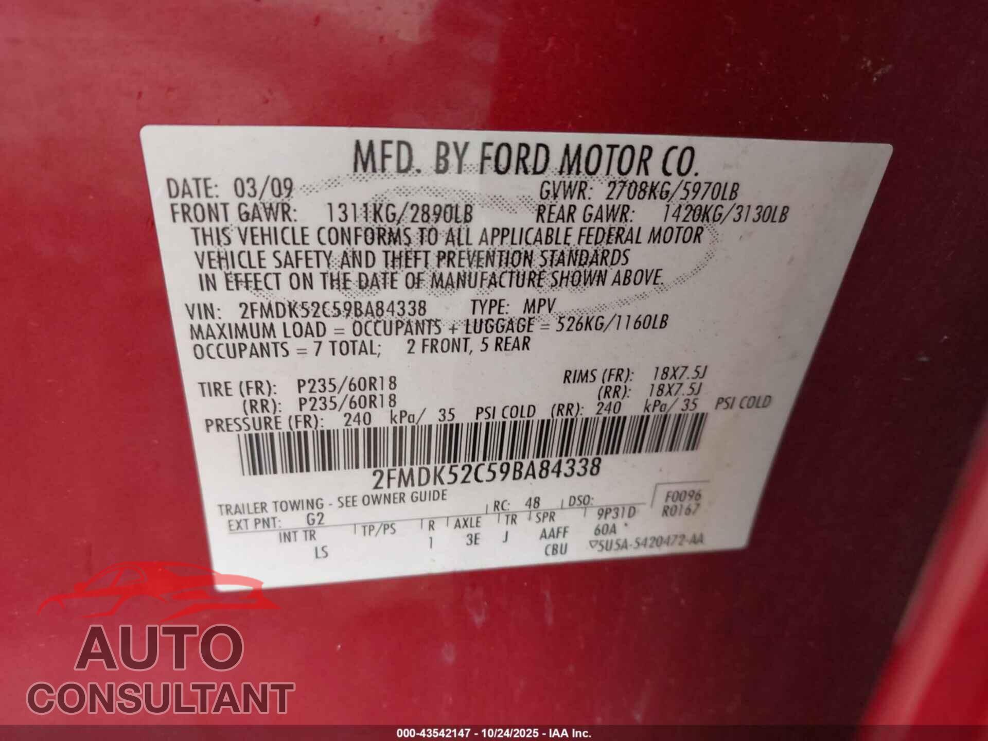 FORD FLEX 2009 - 2FMDK52C59BA84338