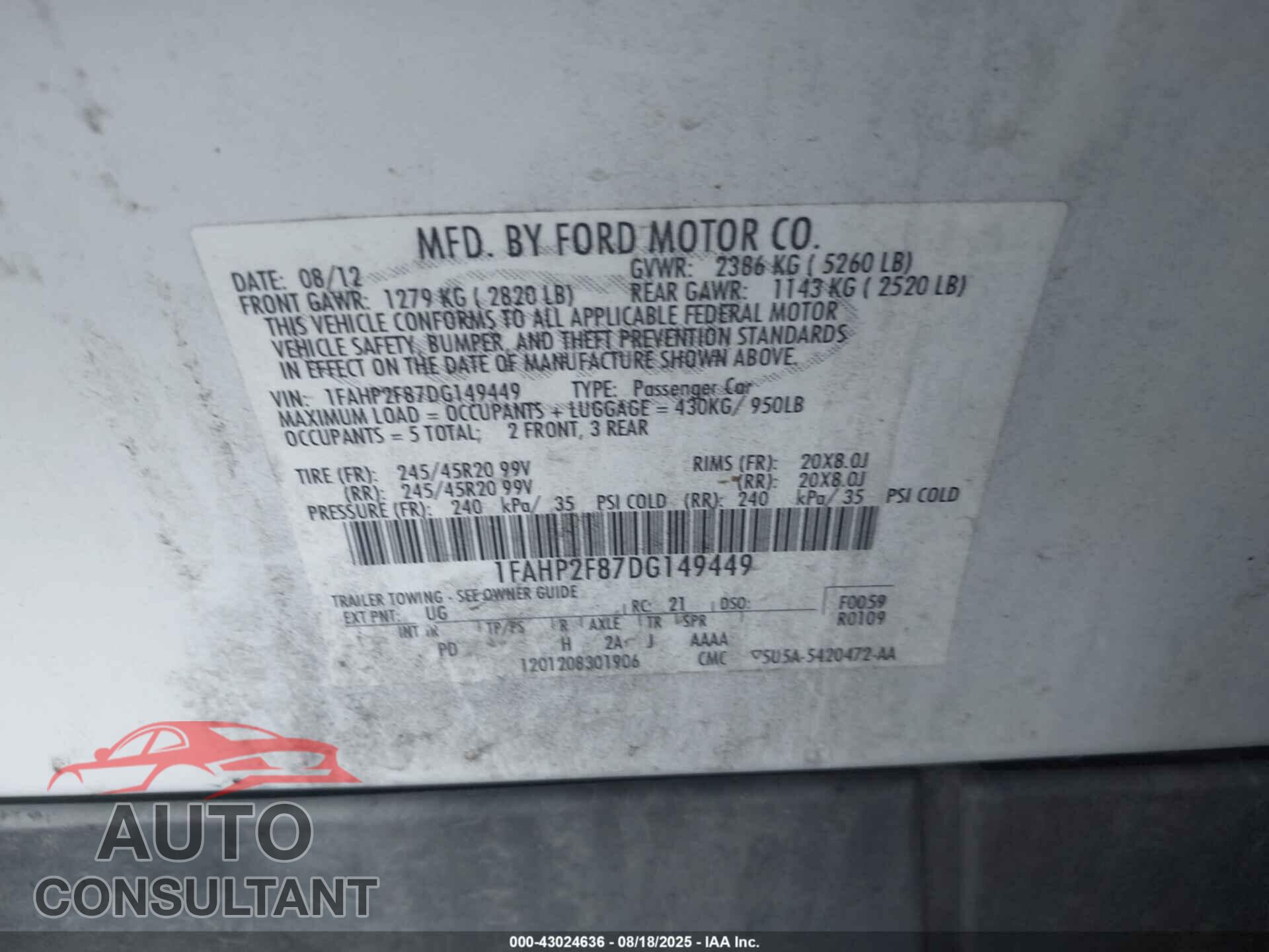 FORD TAURUS 2013 - 1FAHP2F87DG149449
