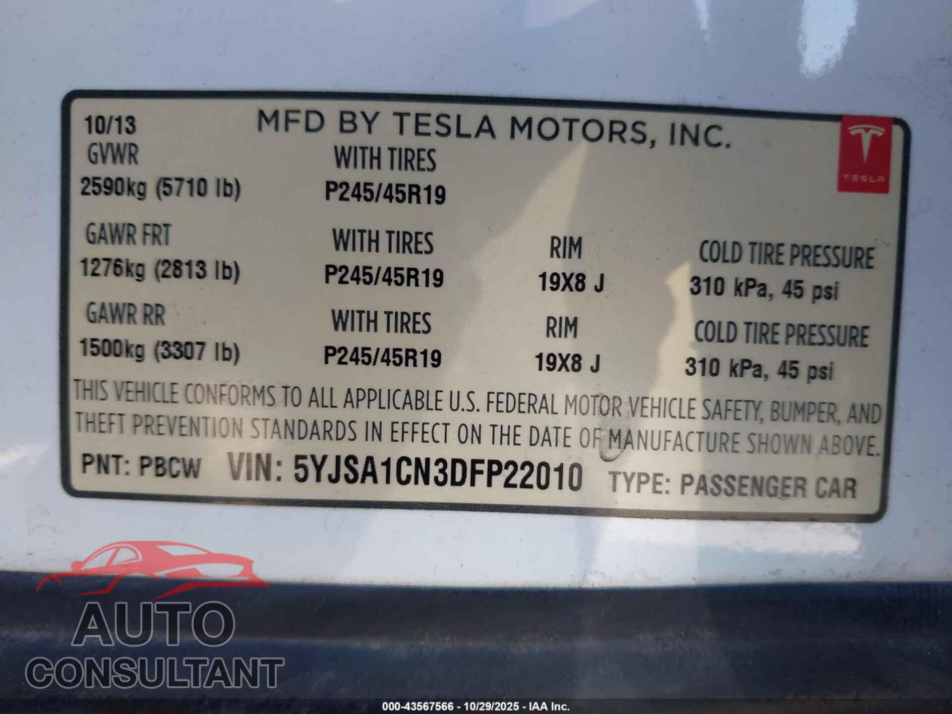TESLA MODEL S 2013 - 5YJSA1CN3DFP22010