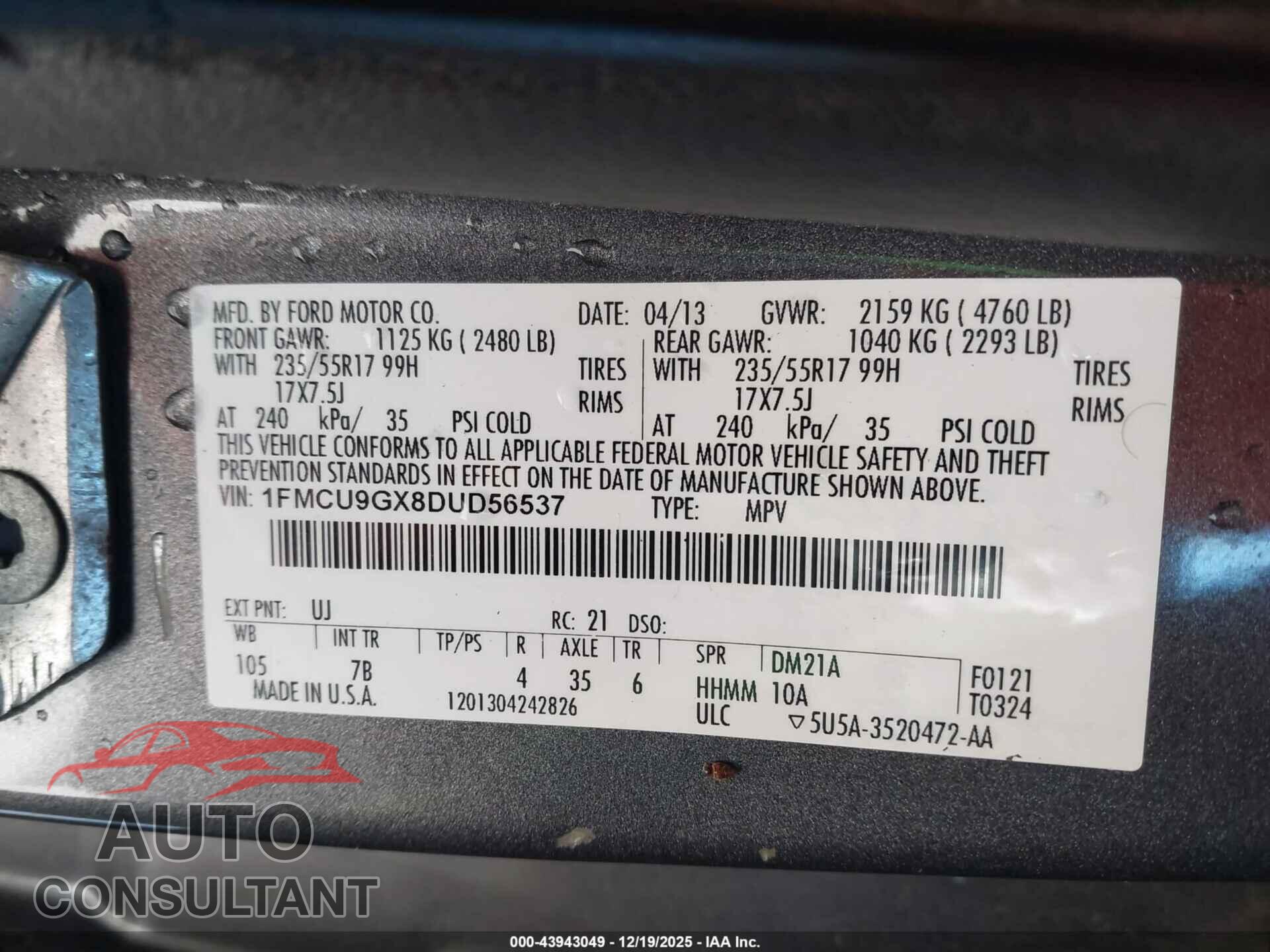 FORD ESCAPE 2013 - 1FMCU9GX8DUD56537