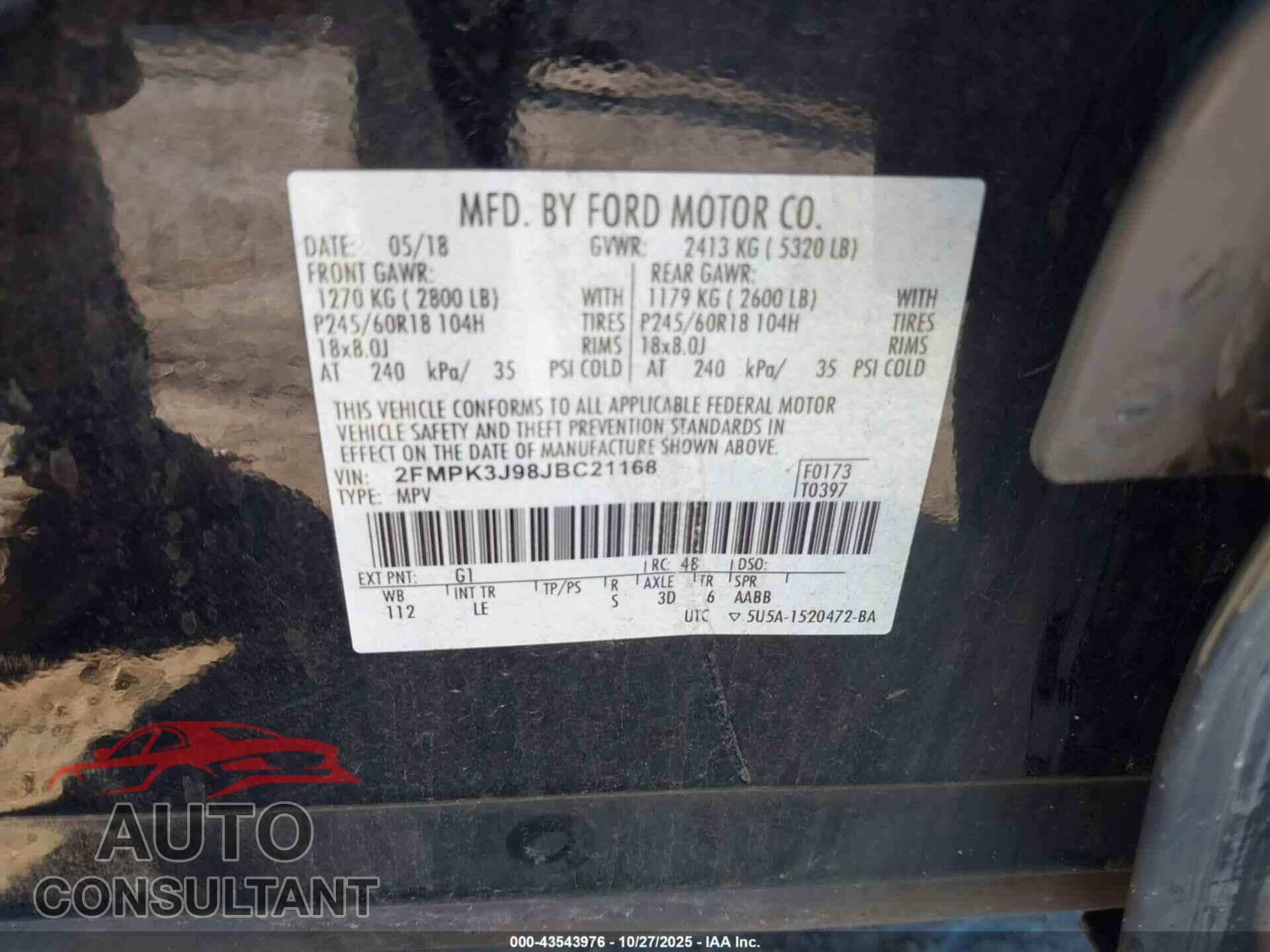FORD EDGE 2018 - 2FMPK3J98JBC21168