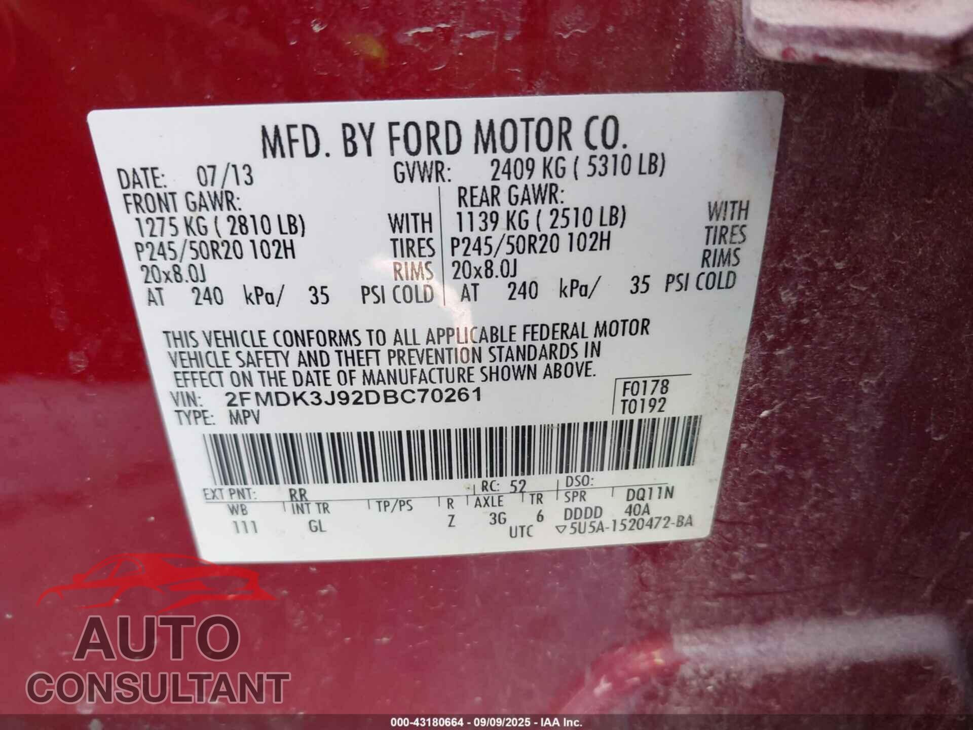 FORD EDGE 2013 - 2FMDK3J92DBC70261