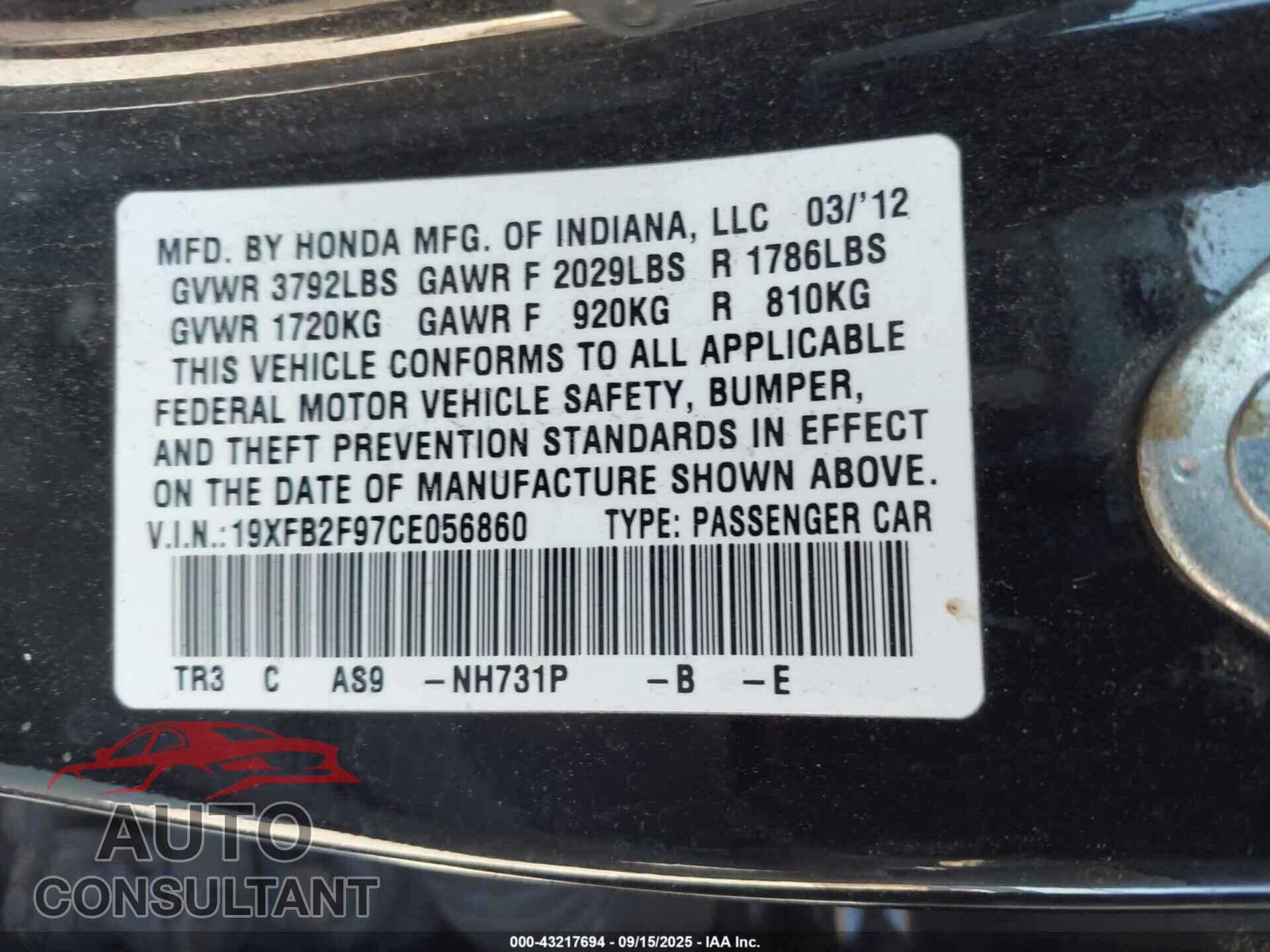 HONDA CIVIC 2012 - 19XFB2F97CE056860