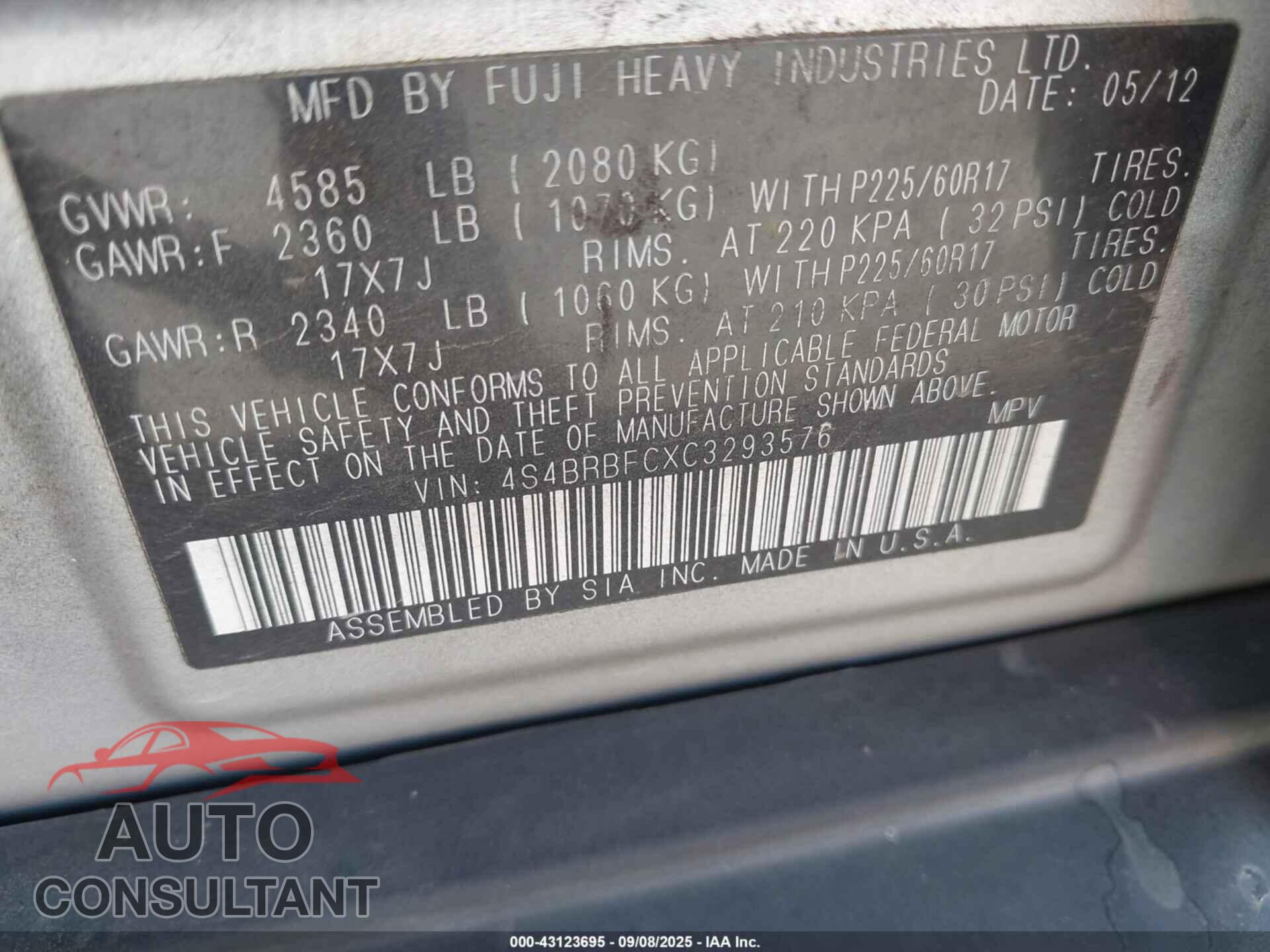 SUBARU OUTBACK 2012 - 4S4BRBFCXC3293576