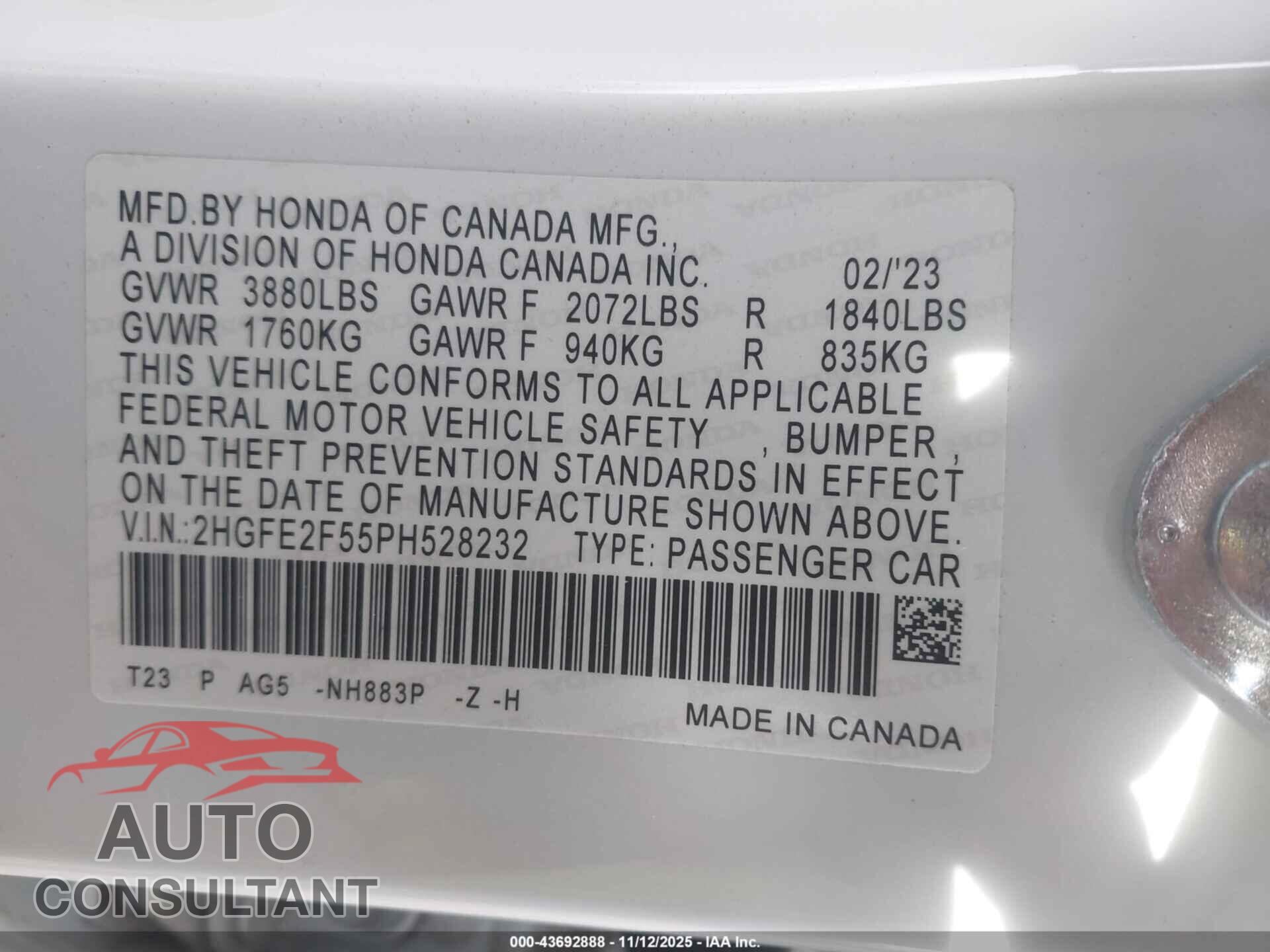 HONDA CIVIC 2023 - 2HGFE2F55PH528232