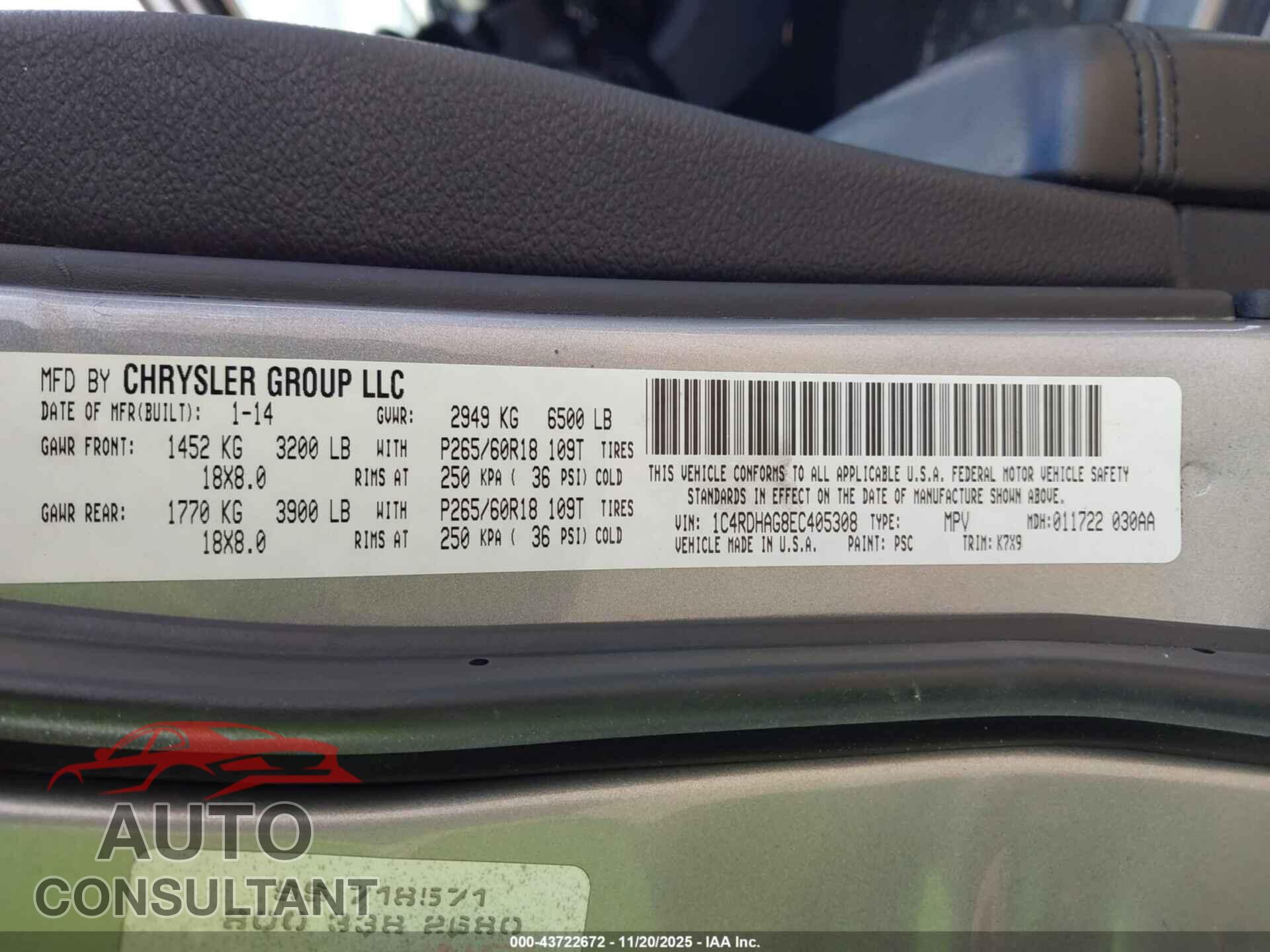 DODGE DURANGO 2014 - 1C4RDHAG8EC405308
