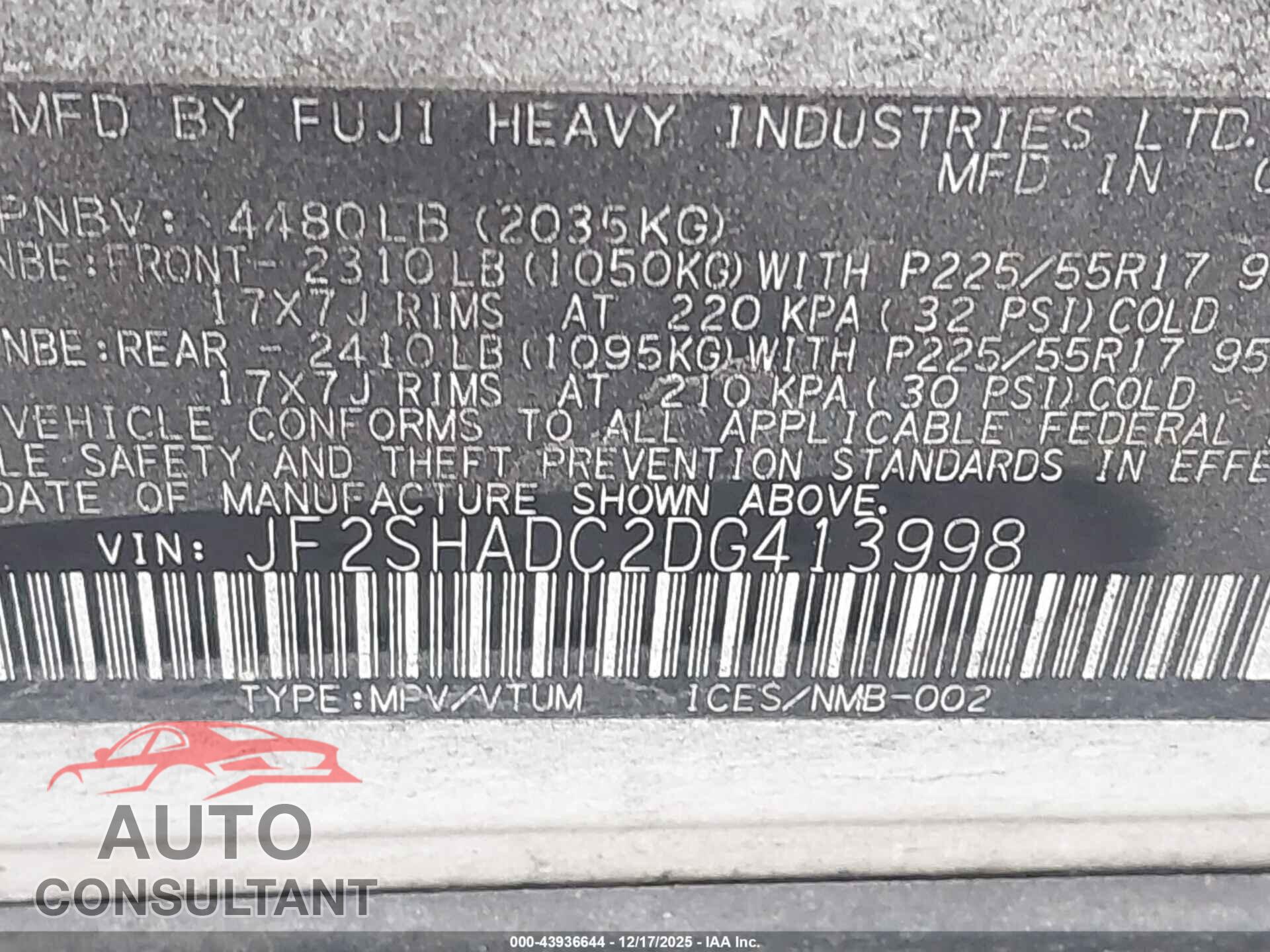SUBARU FORESTER 2013 - JF2SHADC2DG413998