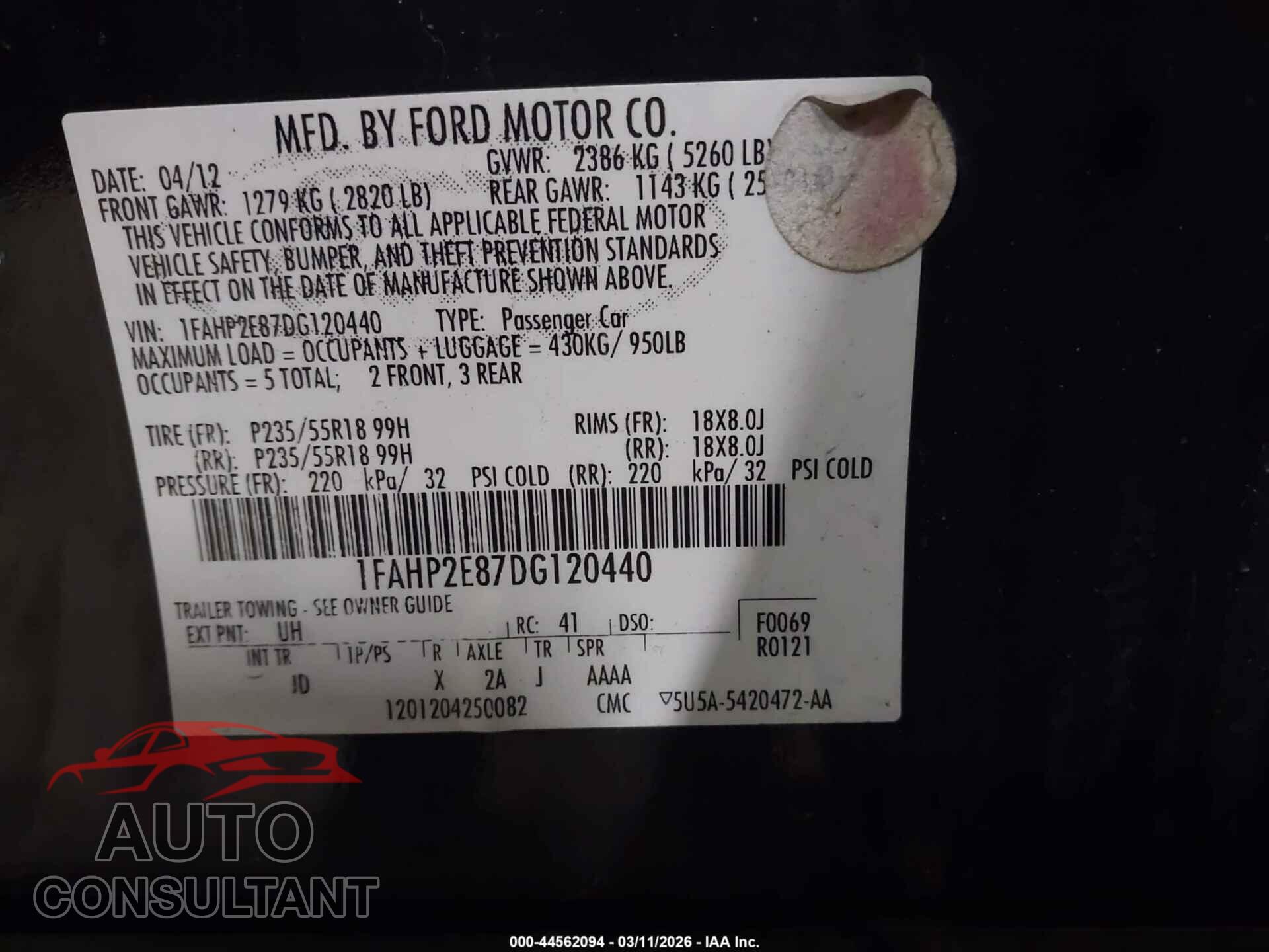 FORD TAURUS 2013 - 1FAHP2E87DG120440