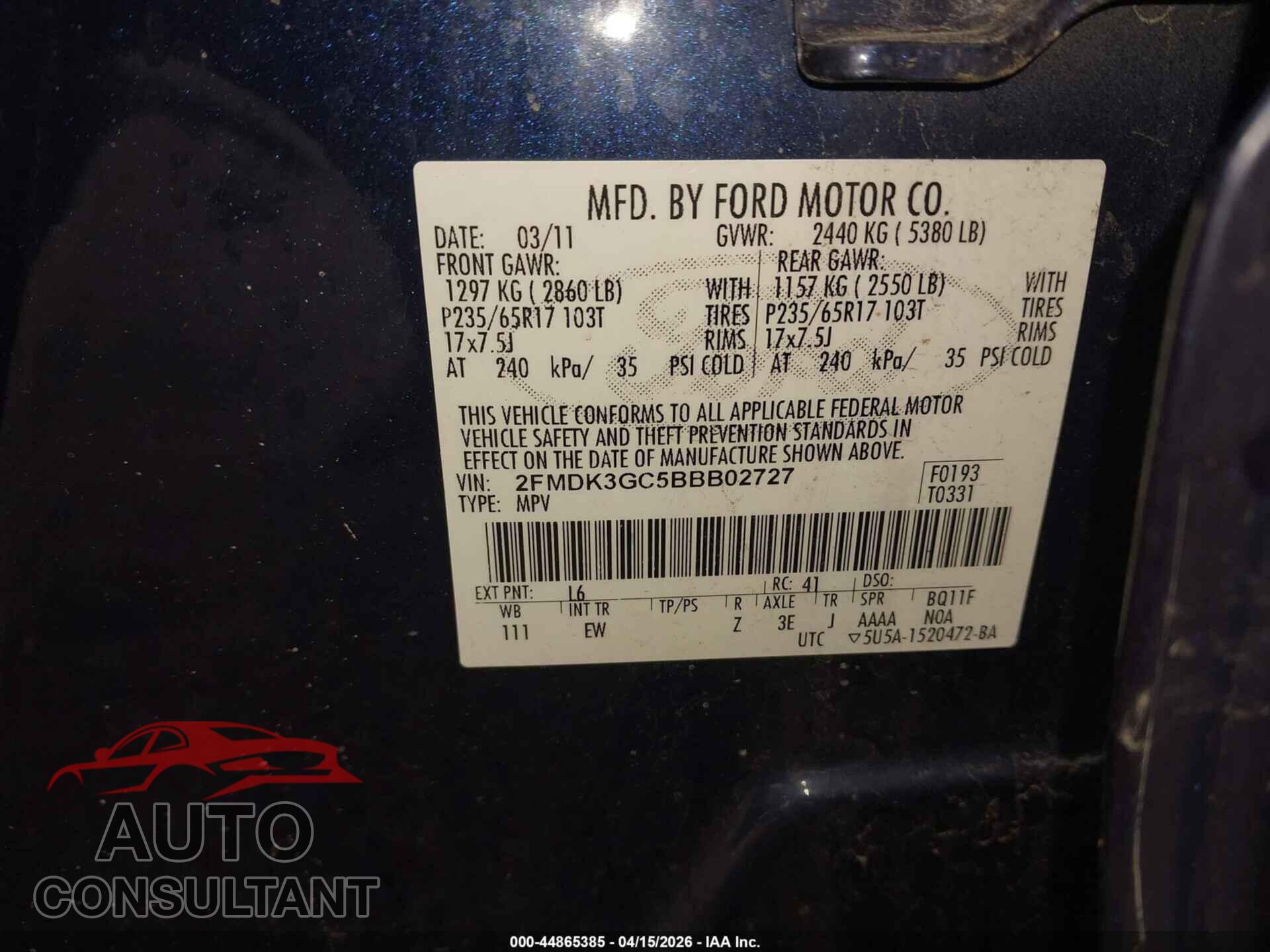 FORD EDGE 2011 - 2FMDK3GC5BBB02727