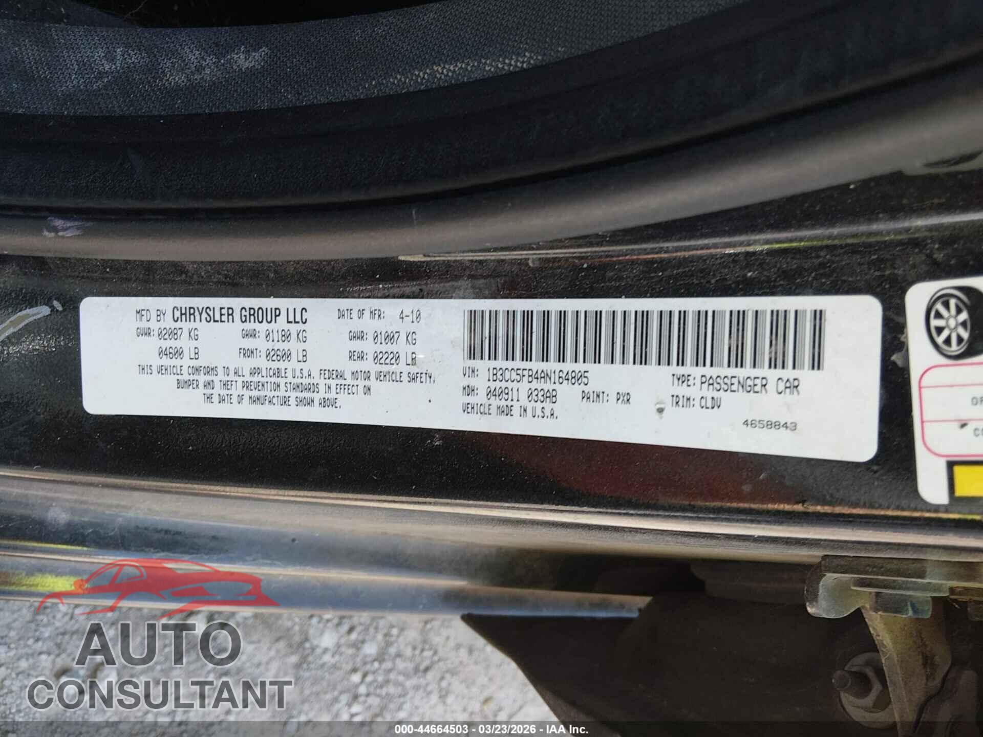 DODGE AVENGER 2010 - 1B3CC5FB4AN164805
