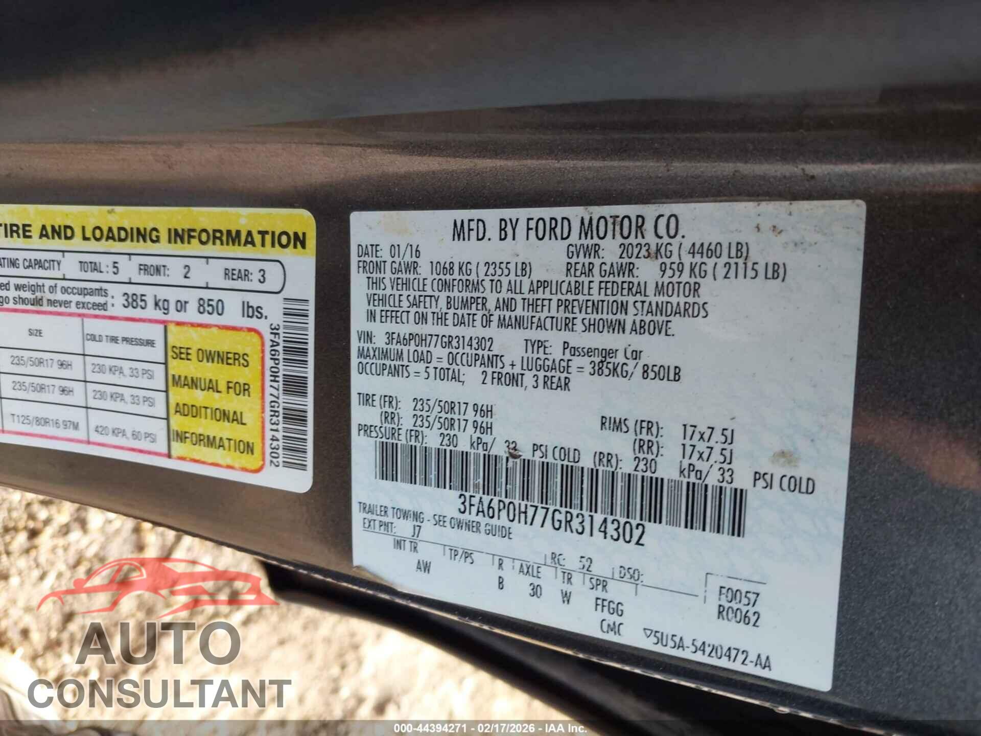 FORD FUSION 2016 - 3FA6P0H77GR314302