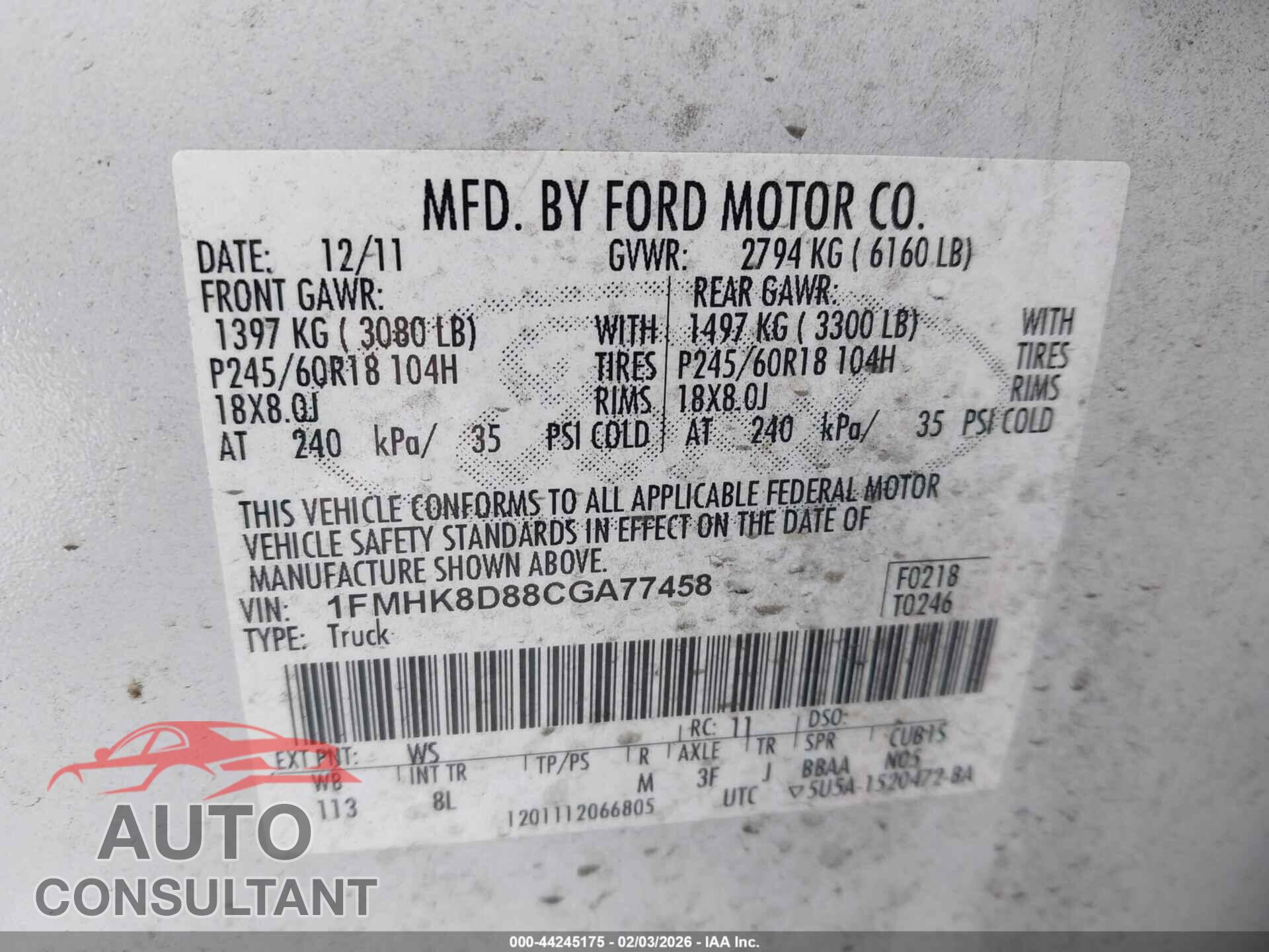 FORD EXPLORER 2012 - 1FMHK8D88CGA77458