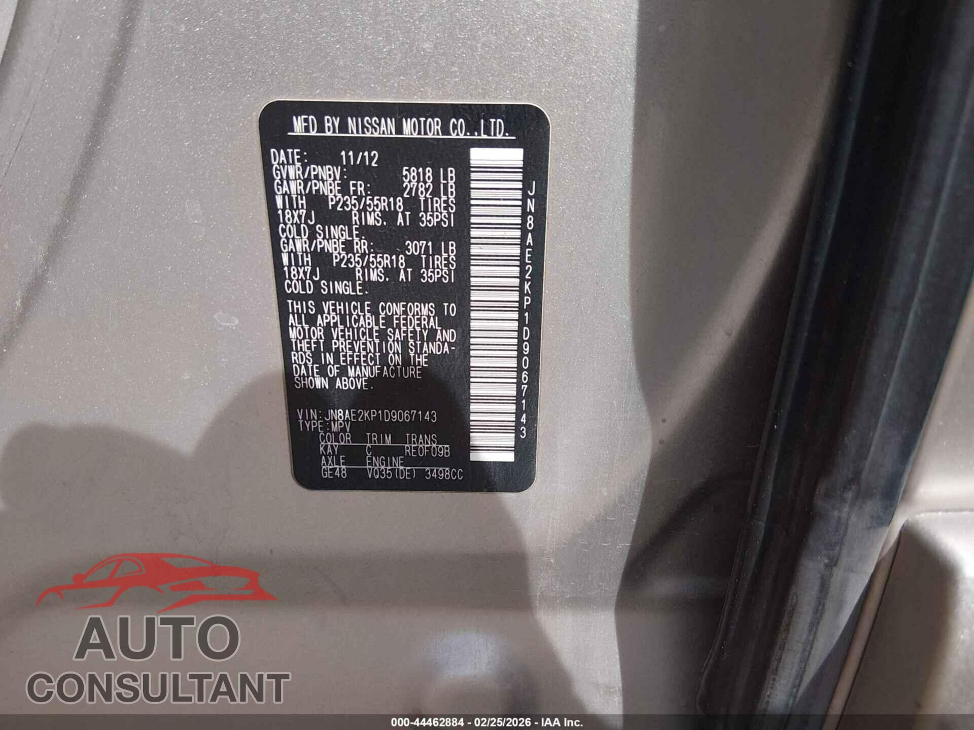 NISSAN QUEST 2013 - JN8AE2KP1D9067143