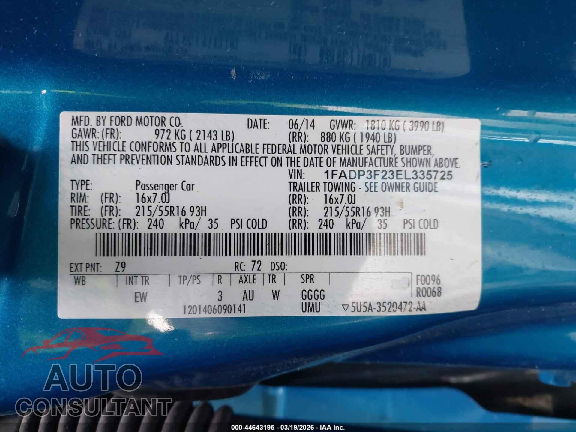 FORD FOCUS 2014 - 1FADP3F23EL335725