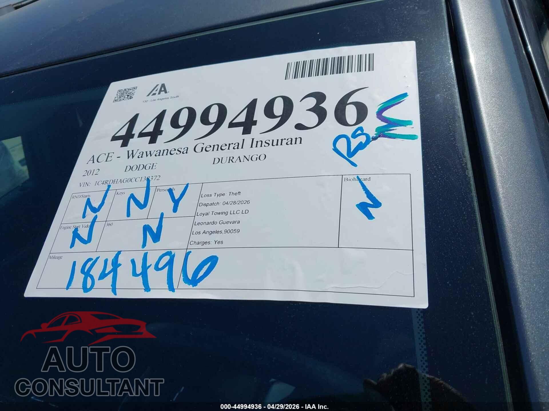 DODGE DURANGO 2012 - 1C4RDHAG0CC138372